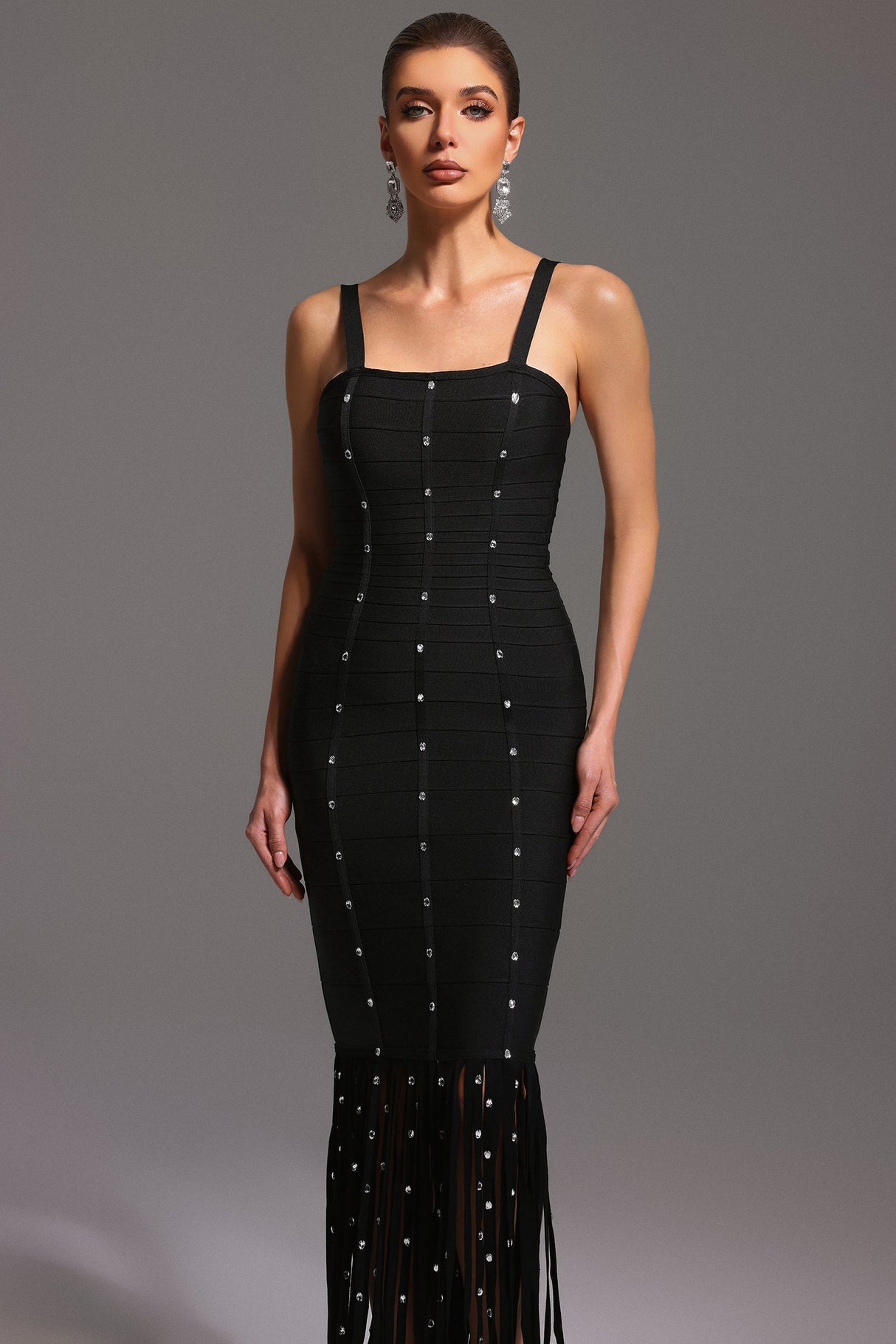 Flavia Black Embellished Fringe Hemline Dress