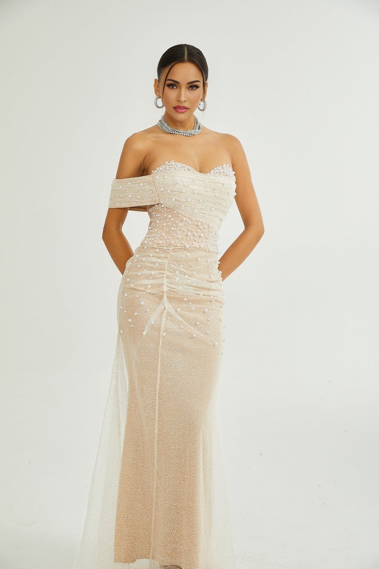Flavia Maxi Dress - Off the Shoulder - Layered Design - Sequin & Pearl Embellishment - Rear Zip Fastening