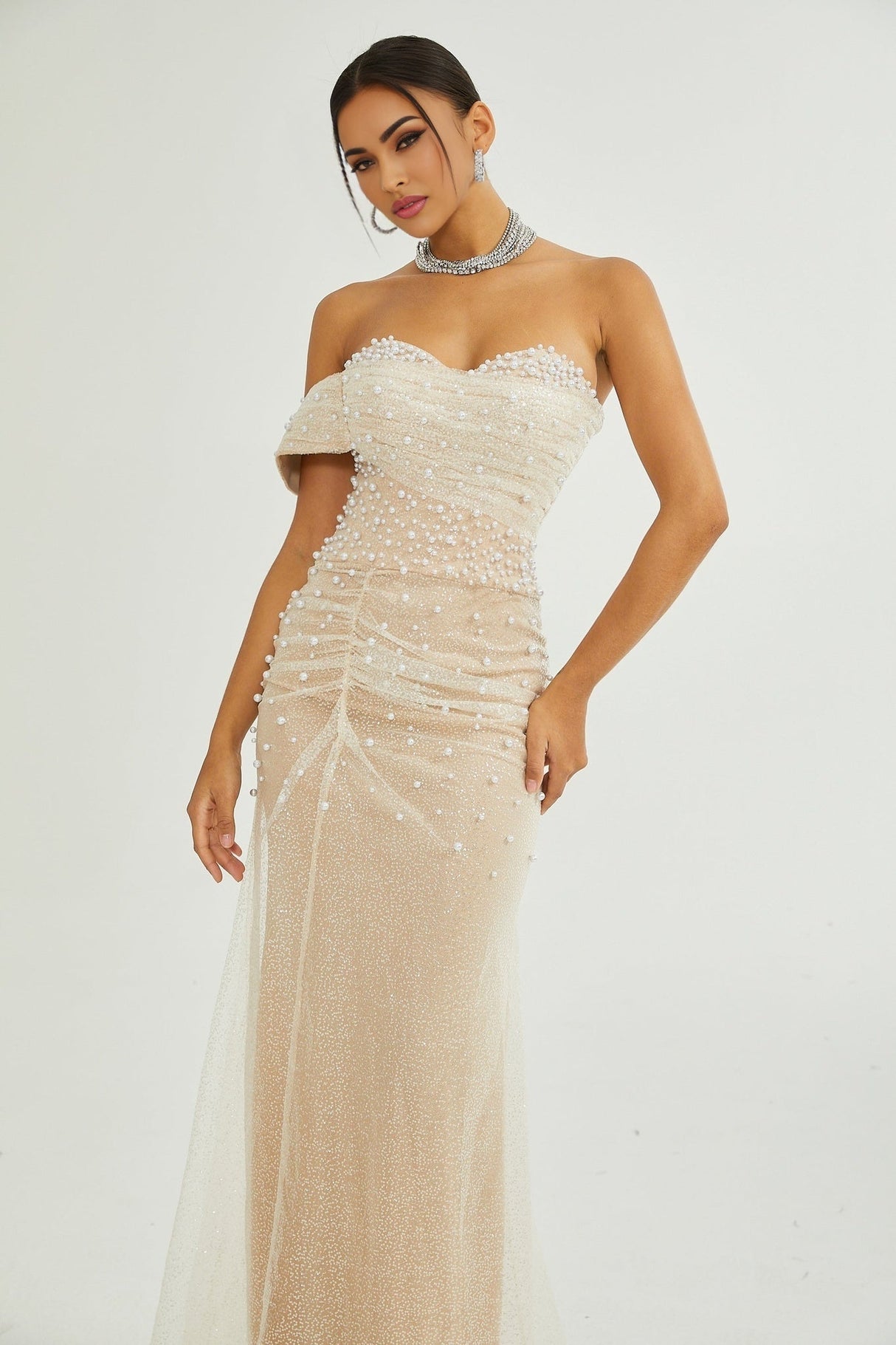 Flavia Maxi Dress - Off the Shoulder - Layered Design - Sequin & Pearl Embellishment - Rear Zip Fastening