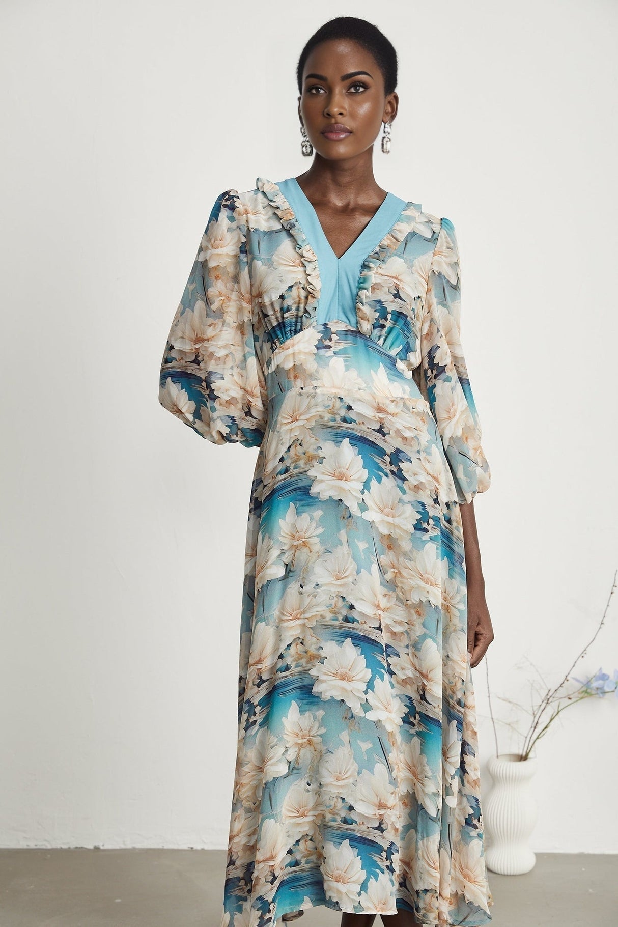 Flavia Midi Dress – V Neck – Long Sleeves – All - over Floral Print