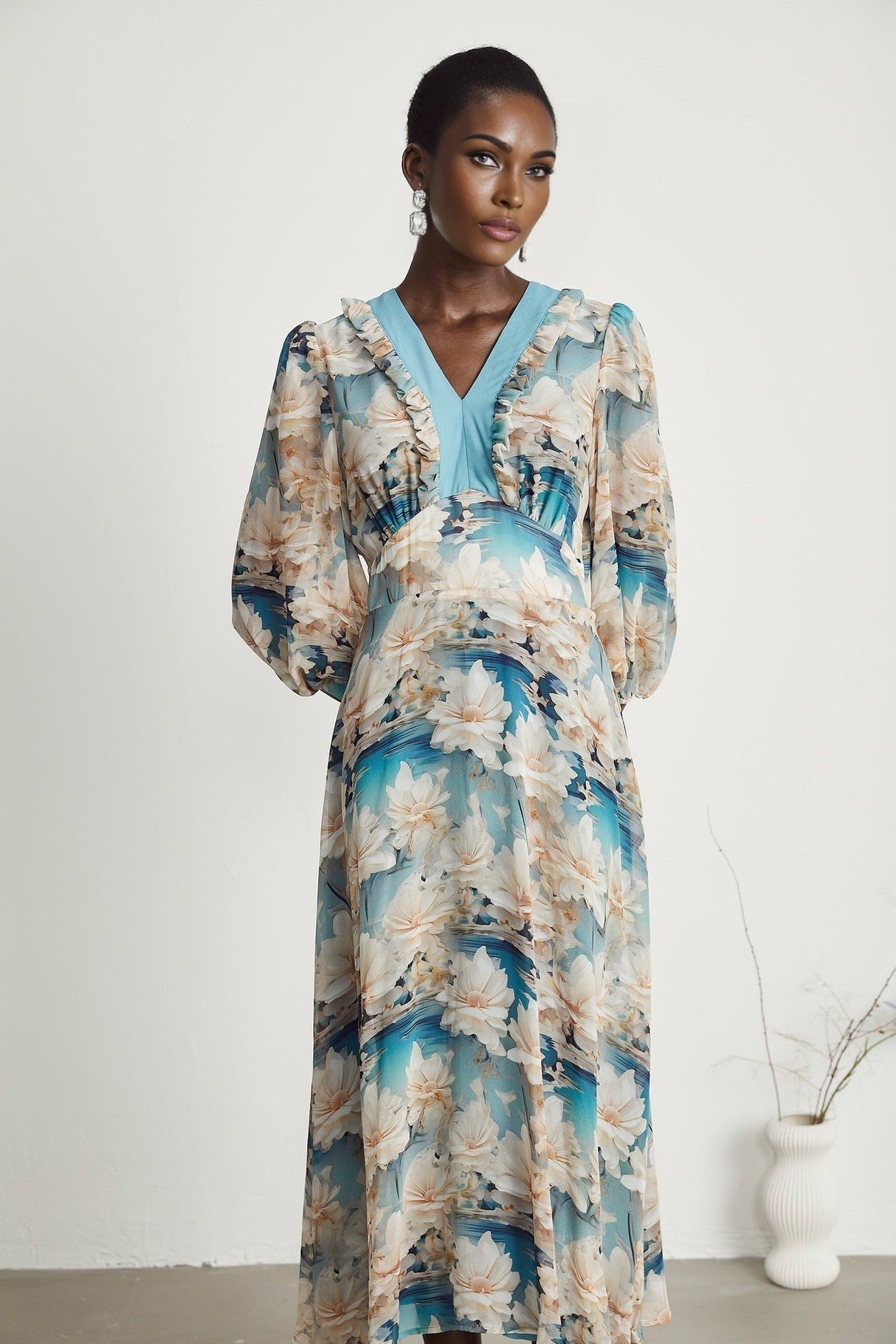 Flavia Midi Dress – V Neck – Long Sleeves – All - over Floral Print
