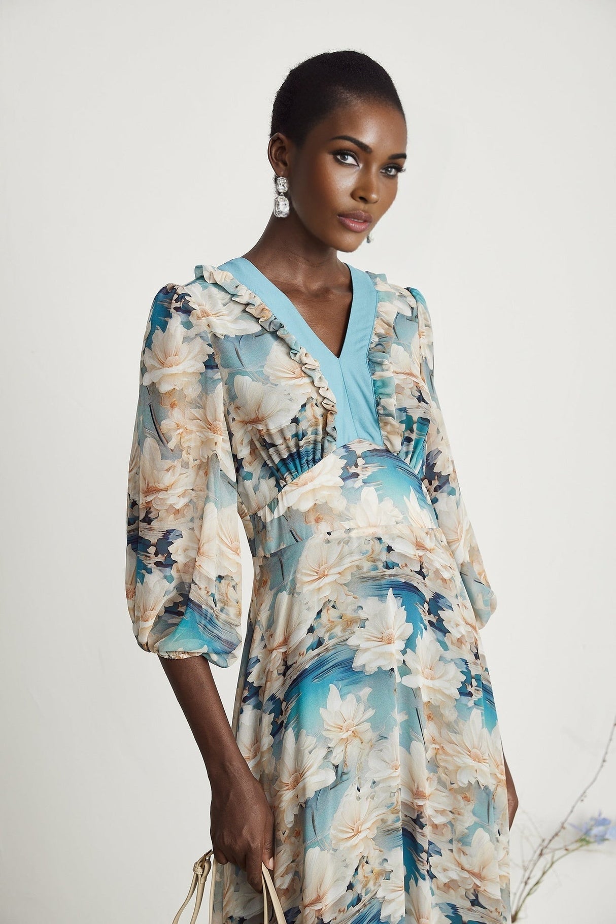 Flavia Midi Dress – V Neck – Long Sleeves – All - over Floral Print