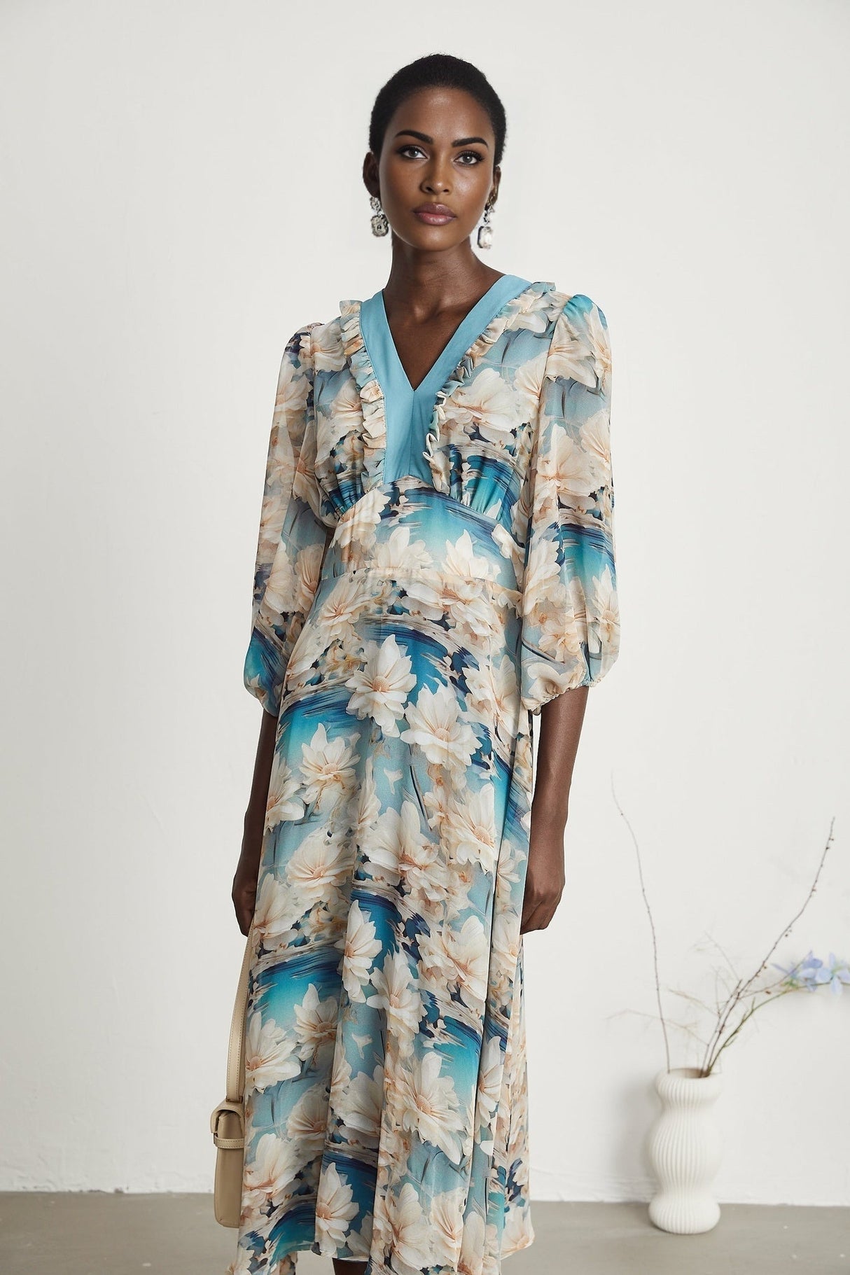 Flavia Midi Dress – V Neck – Long Sleeves – All - over Floral Print