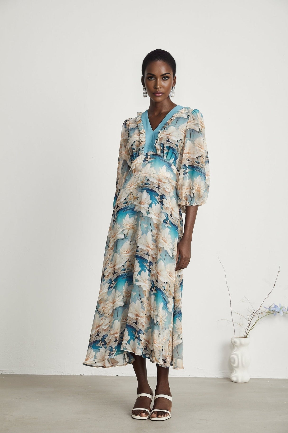 Flavia Midi Dress – V Neck – Long Sleeves – All - over Floral Print