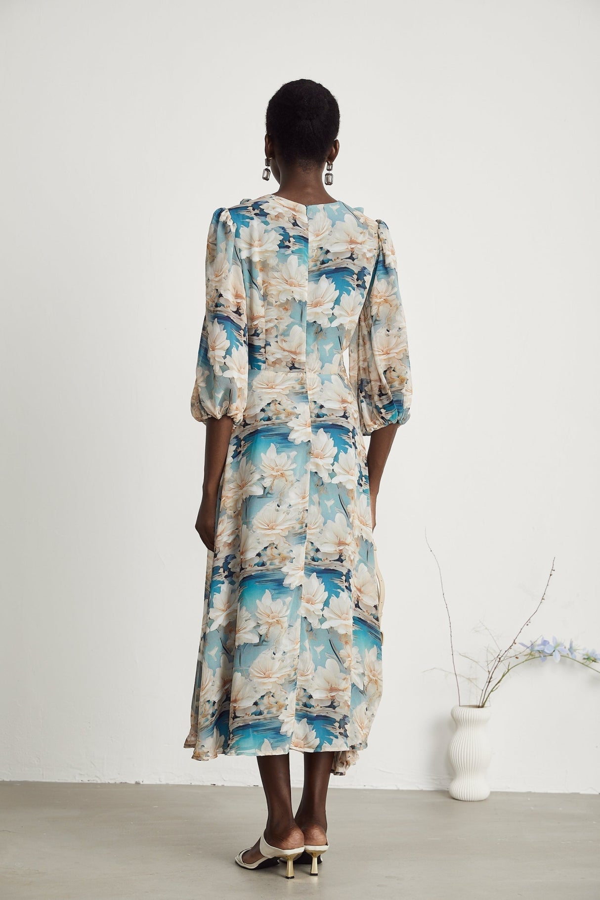 Flavia Midi Dress – V Neck – Long Sleeves – All - over Floral Print