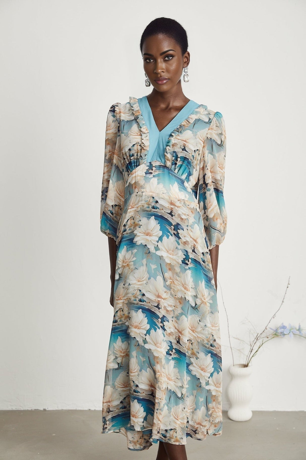 Flavia Midi Dress – V Neck – Long Sleeves – All - over Floral Print