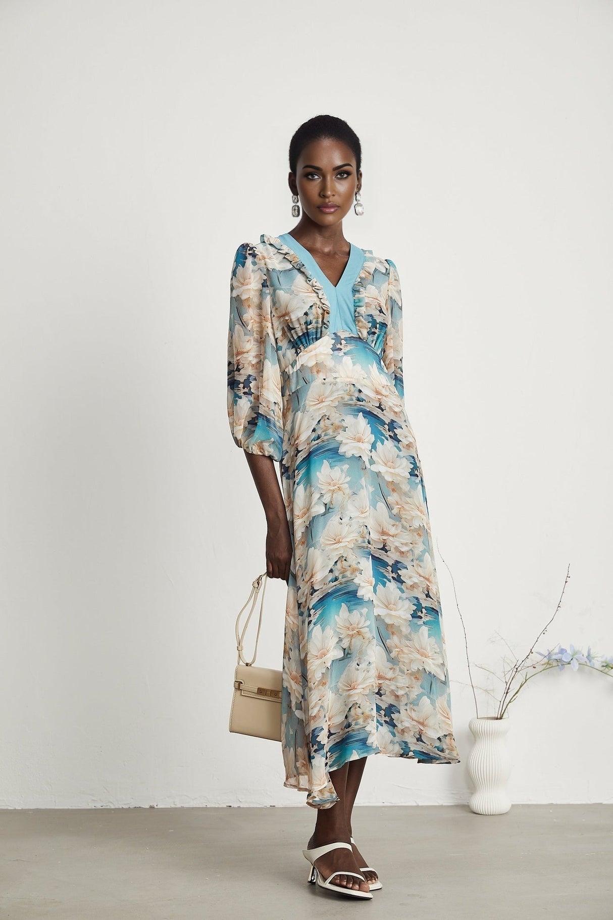 Flavia Midi Dress – V Neck – Long Sleeves – All - over Floral Print