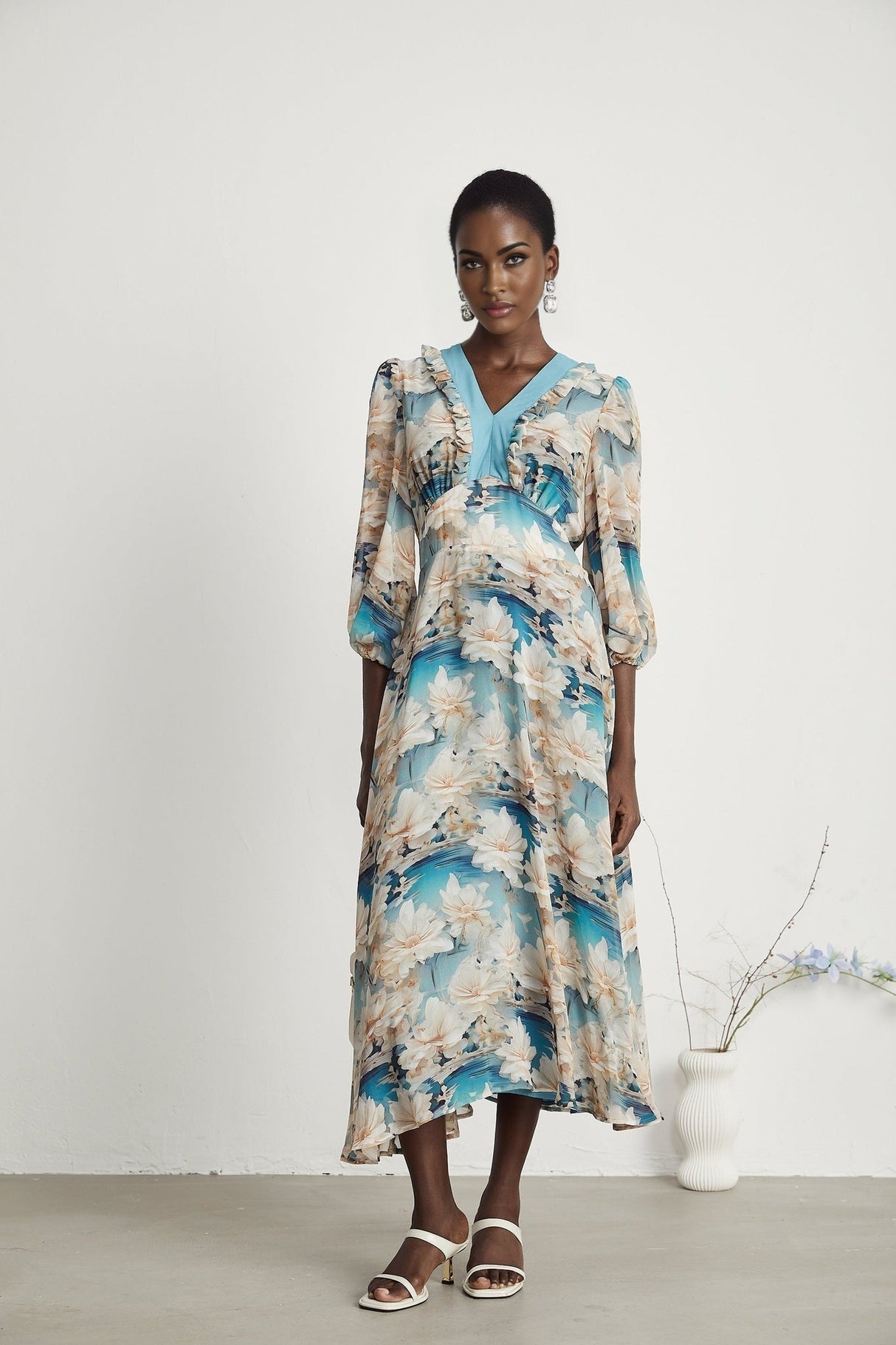 Flavia Midi Dress – V Neck – Long Sleeves – All - over Floral Print