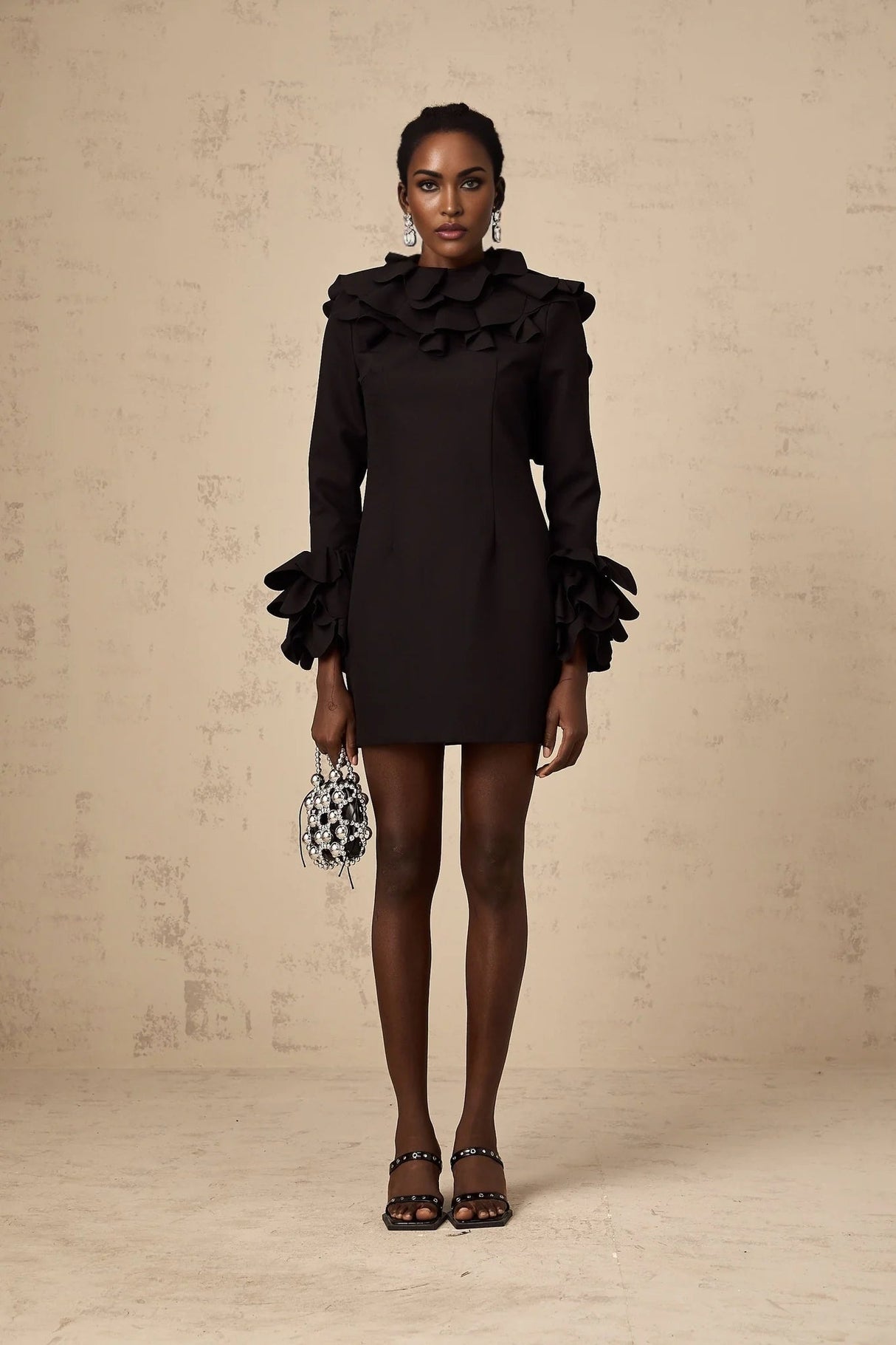 Flavia Mini Dress Black Ruffled Open - Back Thigh - Length