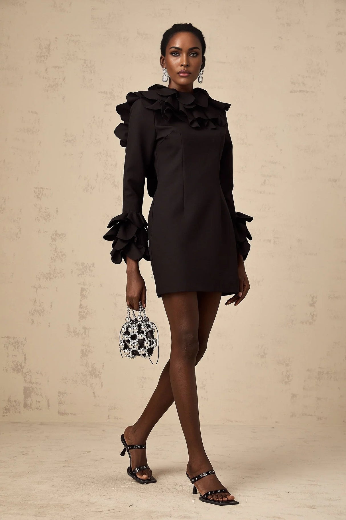 Flavia Mini Dress Black Ruffled Open - Back Thigh - Length