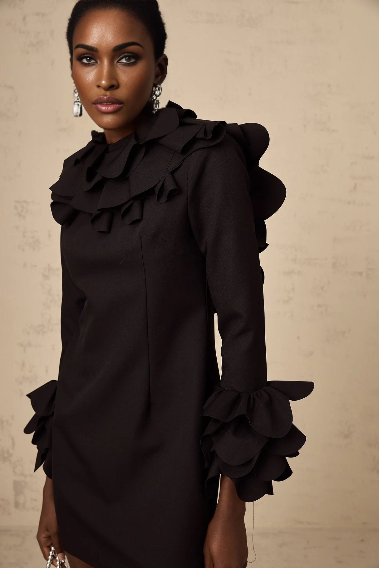 Flavia Mini Dress Black Ruffled Open - Back Thigh - Length