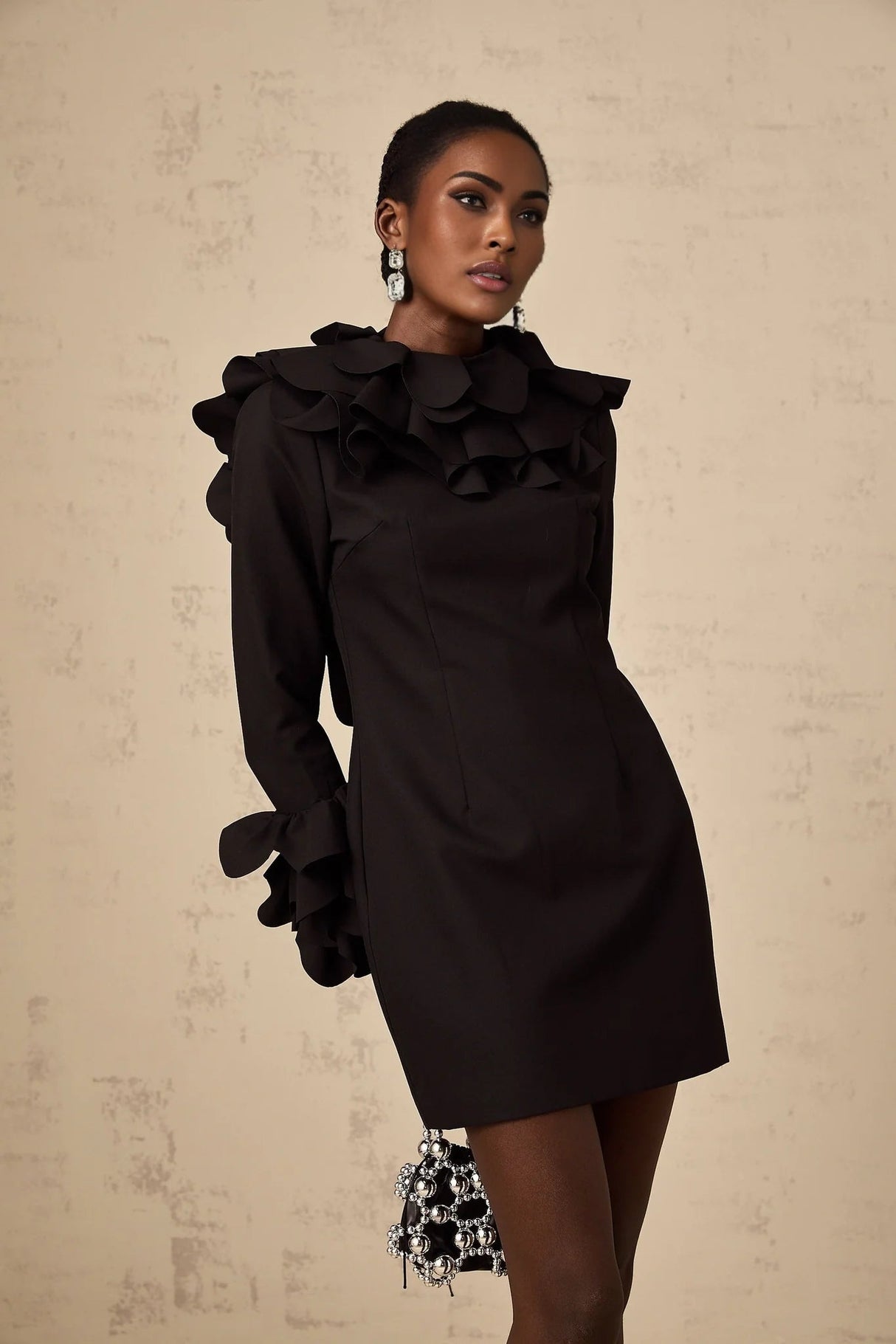 Flavia Mini Dress Black Ruffled Open - Back Thigh - Length