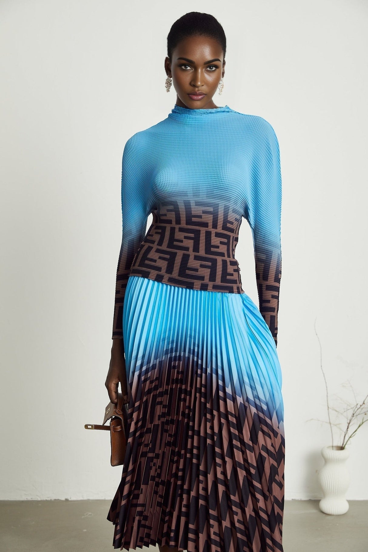 Flavia Skirt & Top Set - Round Neck - Long Sleeve Pleated Design - High Waisted