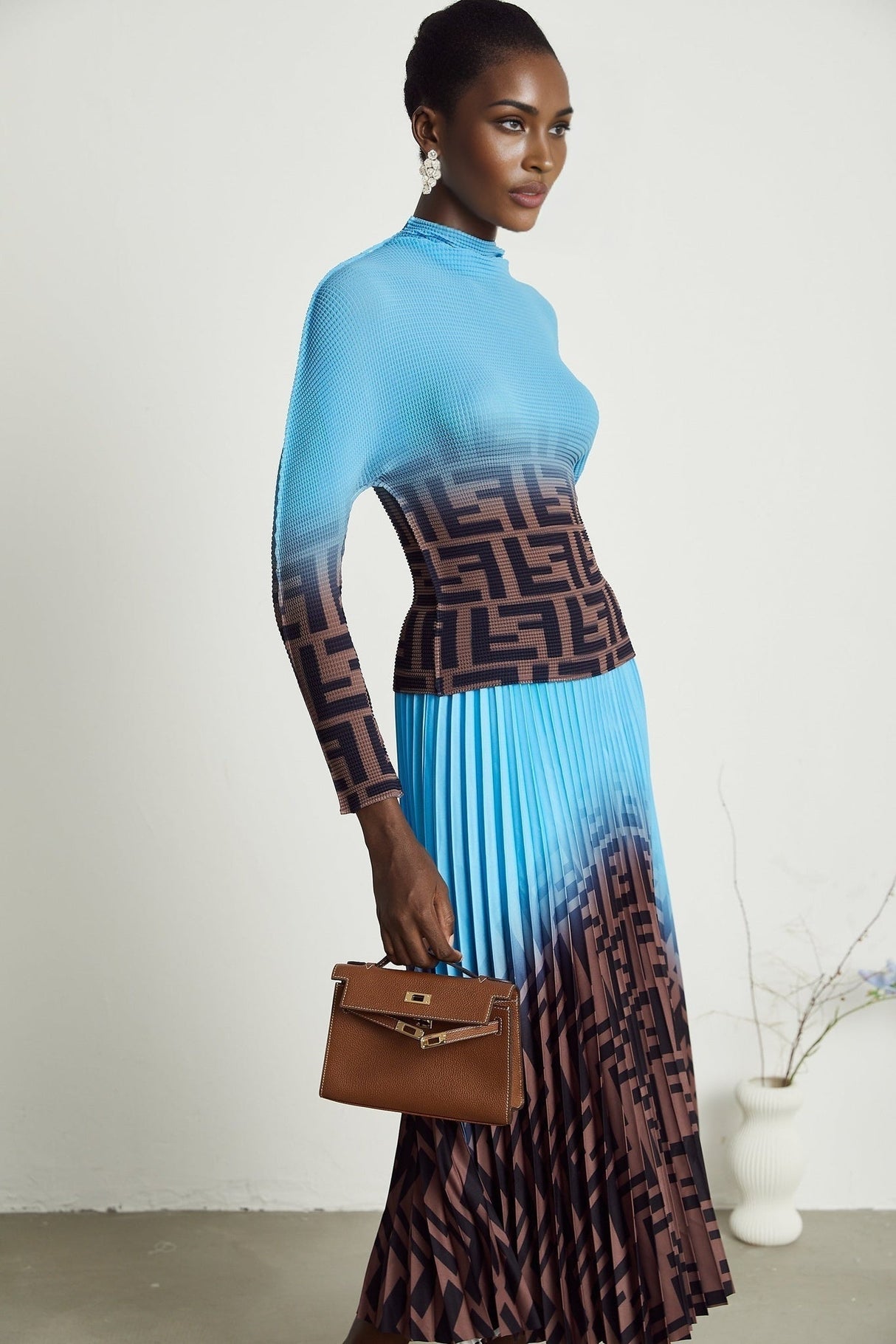 Flavia Skirt & Top Set - Round Neck - Long Sleeve Pleated Design - High Waisted