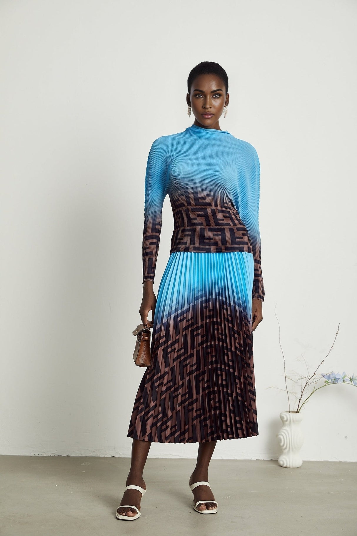 Flavia Skirt & Top Set - Round Neck - Long Sleeve Pleated Design - High Waisted