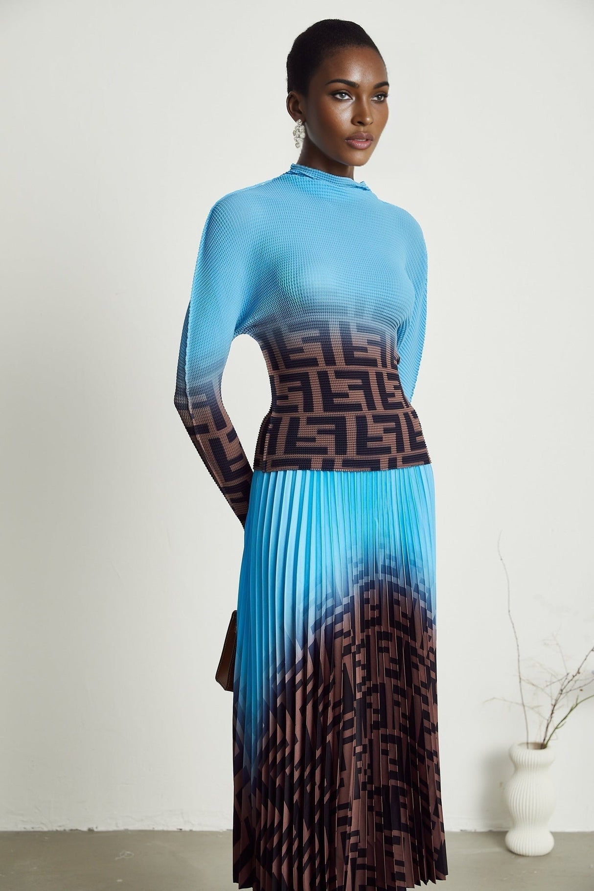 Flavia Skirt & Top Set - Round Neck - Long Sleeve Pleated Design - High Waisted