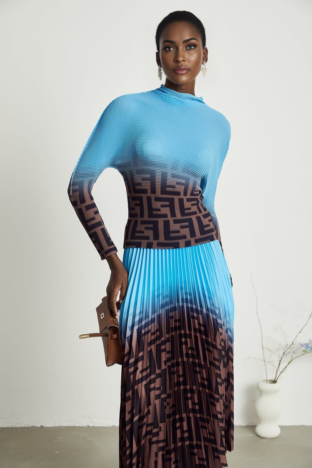 Flavia Skirt & Top Set - Round Neck - Long Sleeve Pleated Design - High Waisted