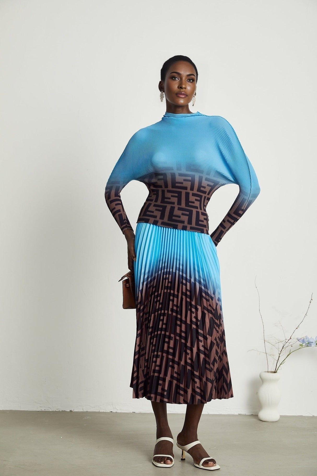 Flavia Skirt & Top Set - Round Neck - Long Sleeve Pleated Design - High Waisted