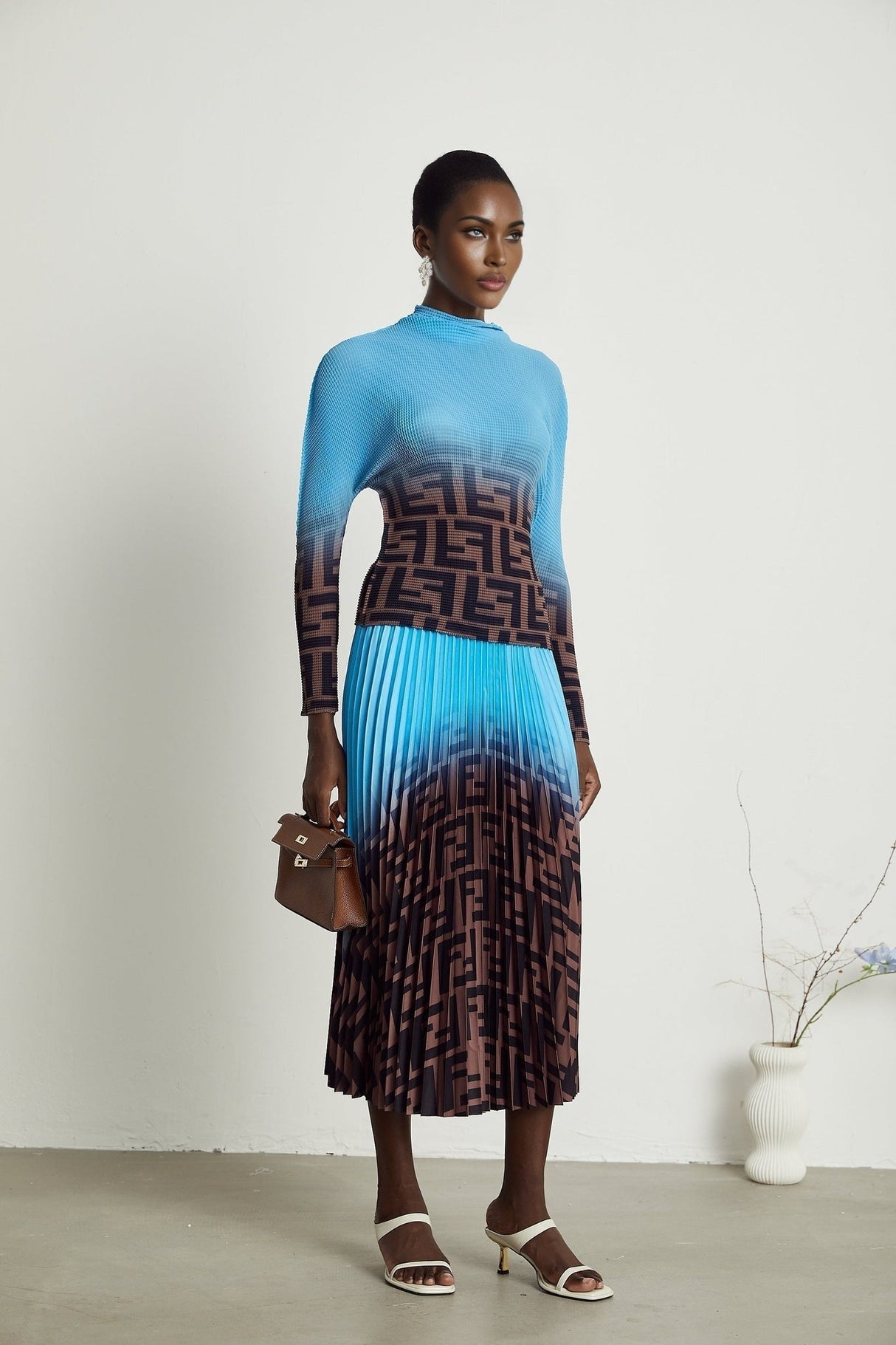 Flavia Skirt & Top Set - Round Neck - Long Sleeve Pleated Design - High Waisted