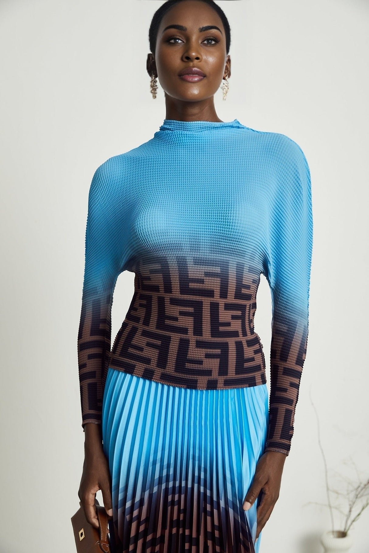 Flavia Skirt & Top Set - Round Neck - Long Sleeve Pleated Design - High Waisted