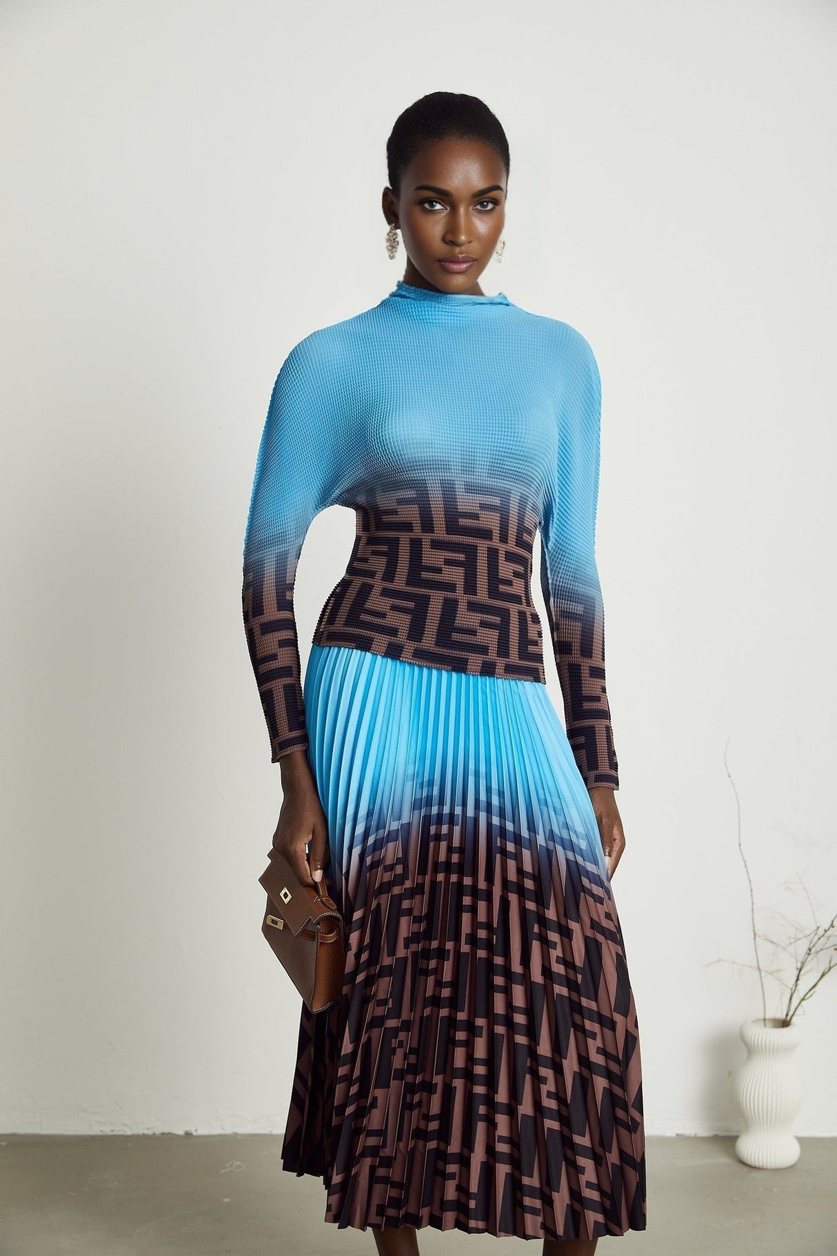 Flavia Skirt & Top Set - Round Neck - Long Sleeve Pleated Design - High Waisted