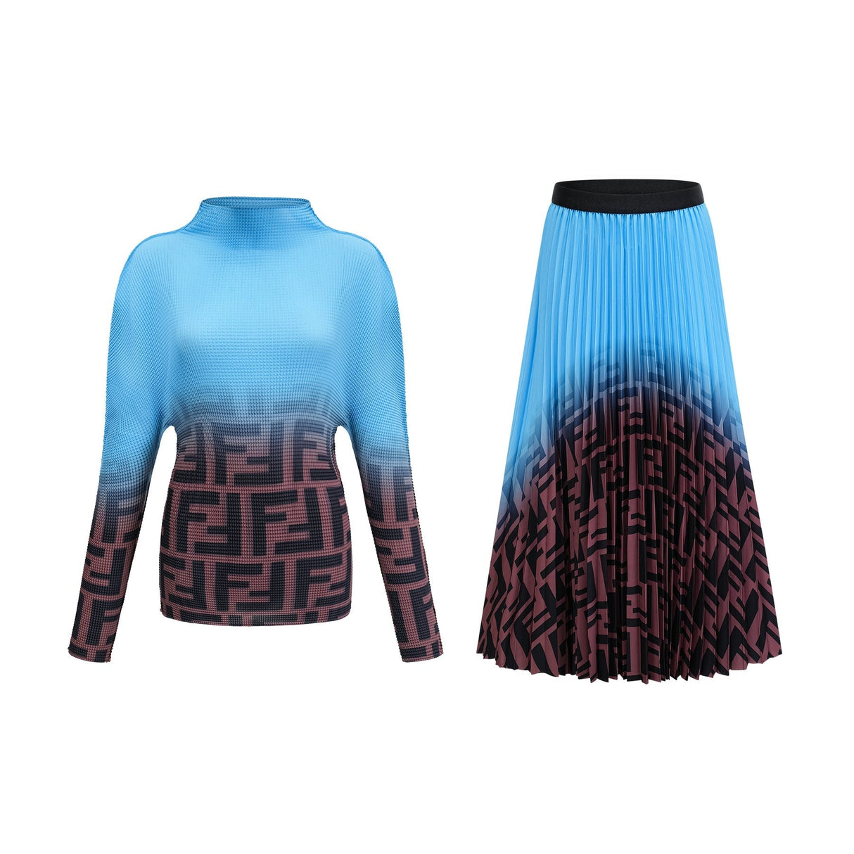 Flavia Skirt & Top Set - Round Neck - Long Sleeve Pleated Design - High Waisted