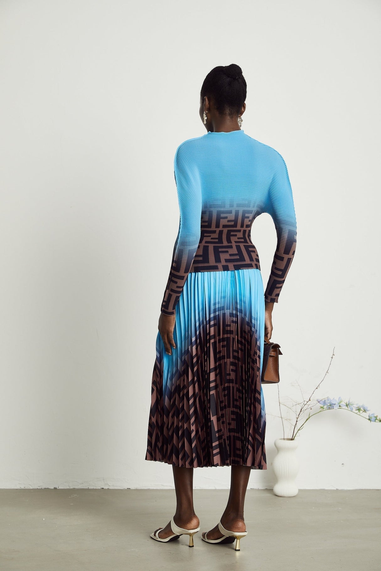 Flavia Skirt & Top Set - Round Neck - Long Sleeve Pleated Design - High Waisted