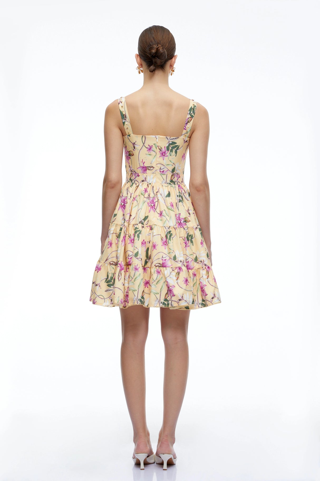 Flavie Neutral Floral Square Neck Tiered Mini Dress