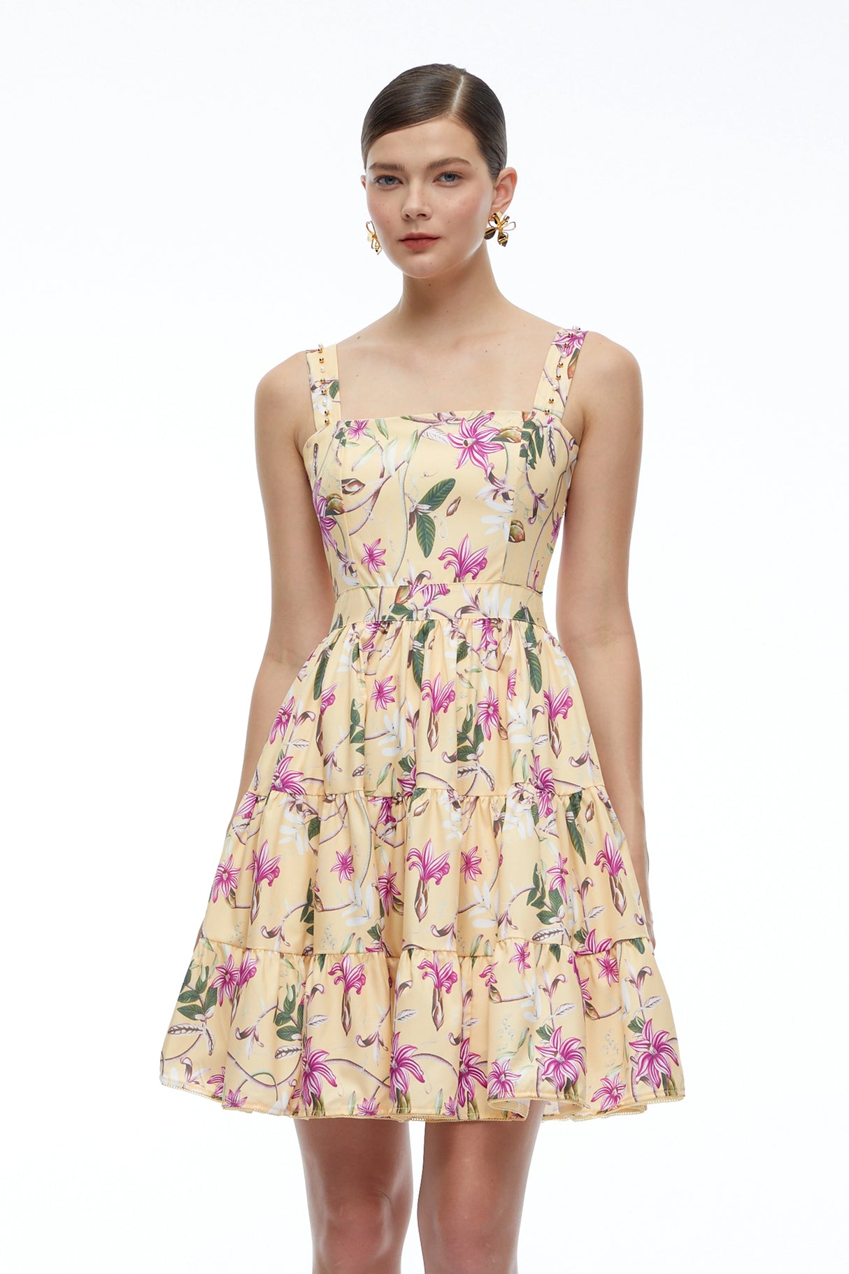 Flavie Neutral Floral Square Neck Tiered Mini Dress