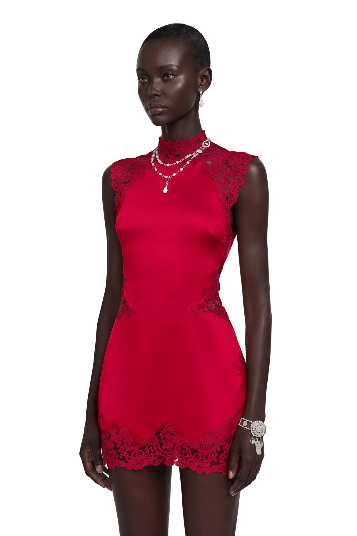 Flavie Red Satin Mini Dress with Lace Trim