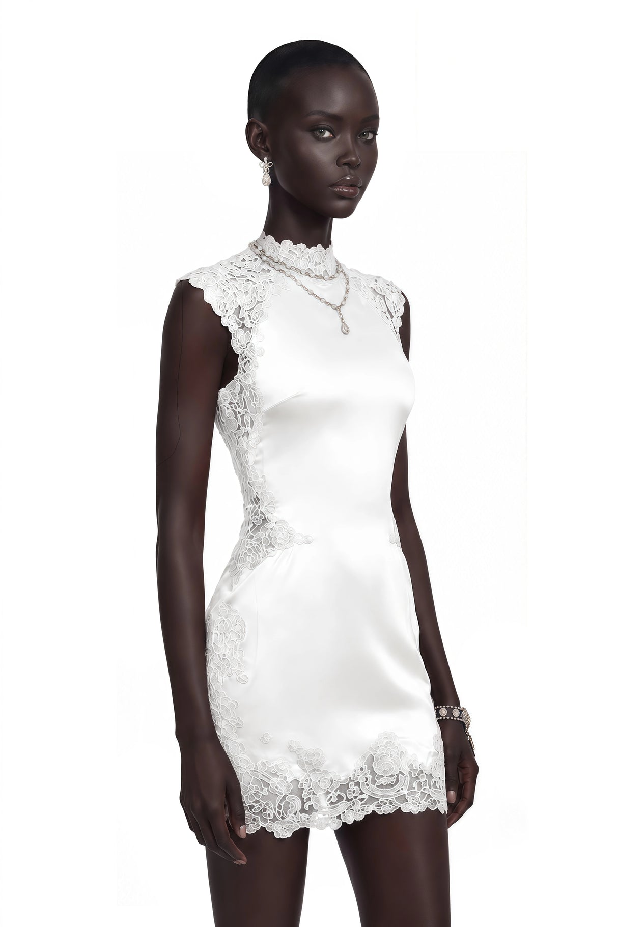 Flavie White Satin Mini Dress with Lace Trim