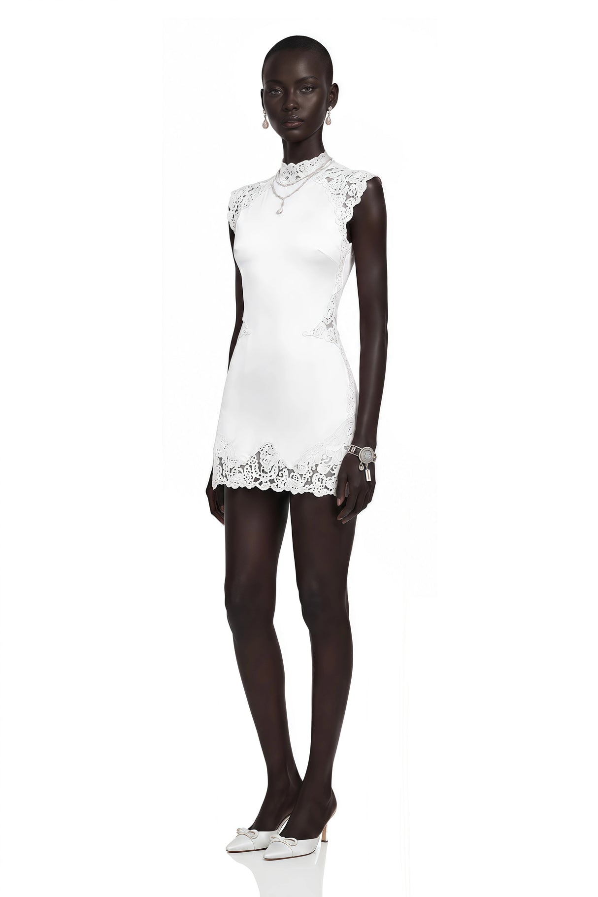 Flavie White Satin Mini Dress with Lace Trim