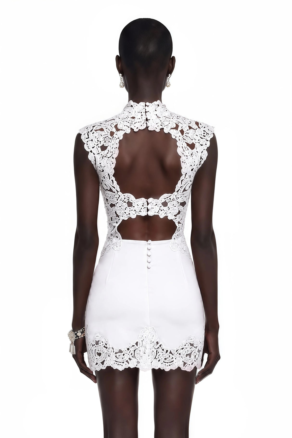 Flavie White Satin Mini Dress with Lace Trim