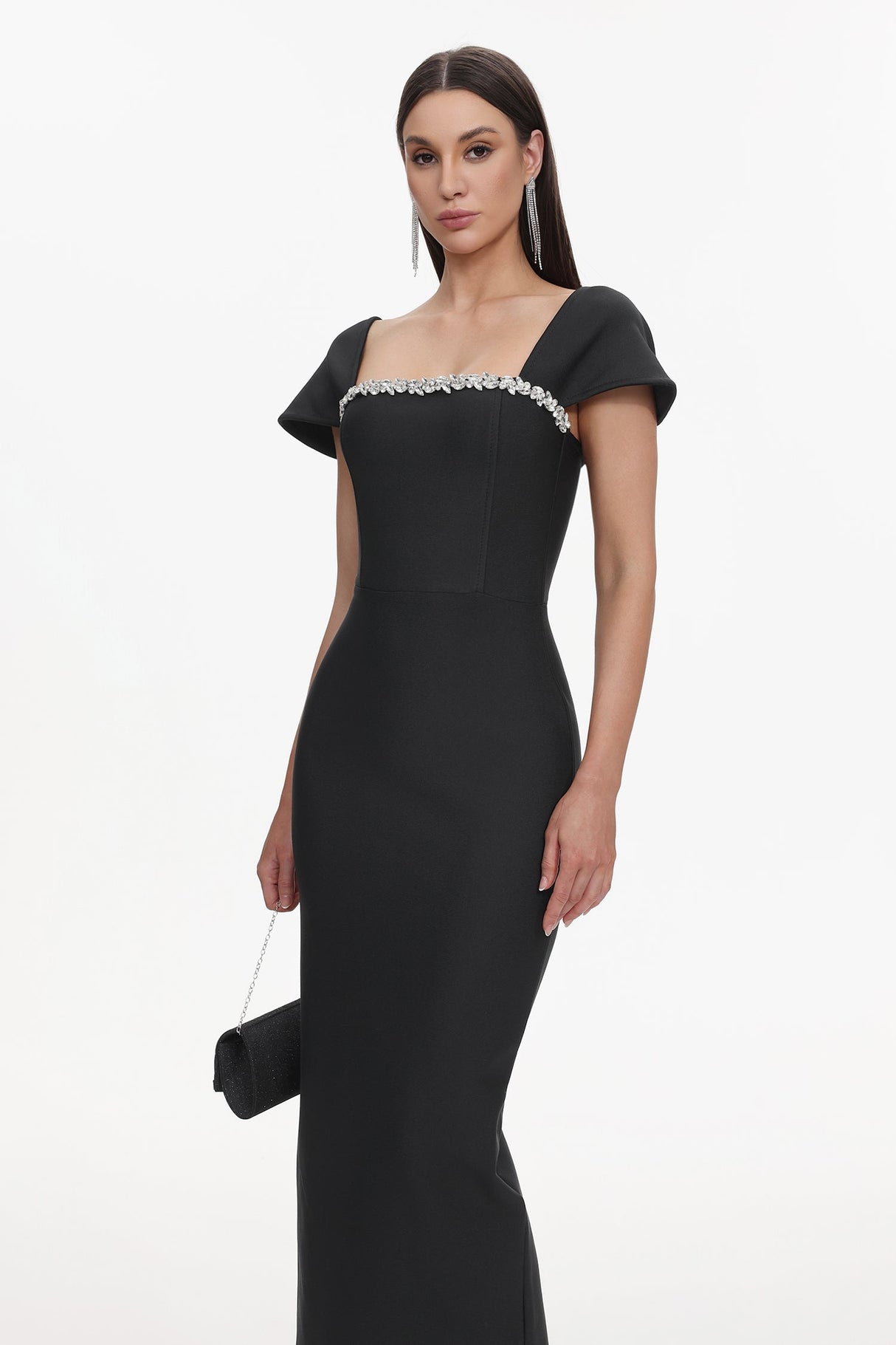 Flora Black Maxi Dress with Diamond Detailing and Square Neckline for Special Occasions