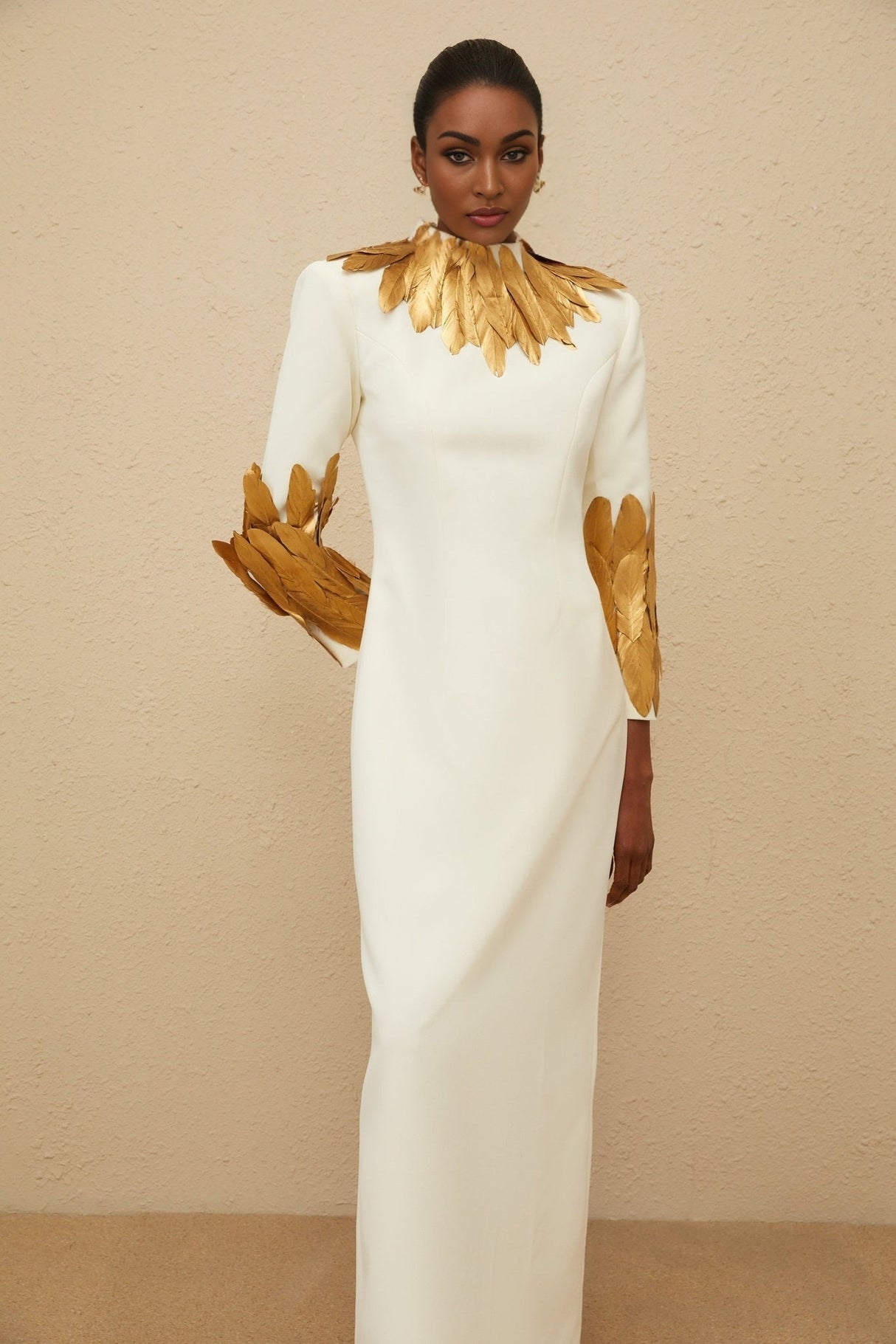 Flora Maxi Dress - White & Gold Feather Trim Long Sleeve Elegant Slit Zip Floor - Length