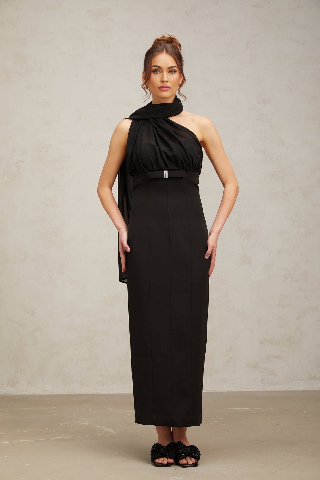 Flora Midi Dress - One Shoulder Style - Tulle Paneling - Crystal Embellishment - Asymmetric Design