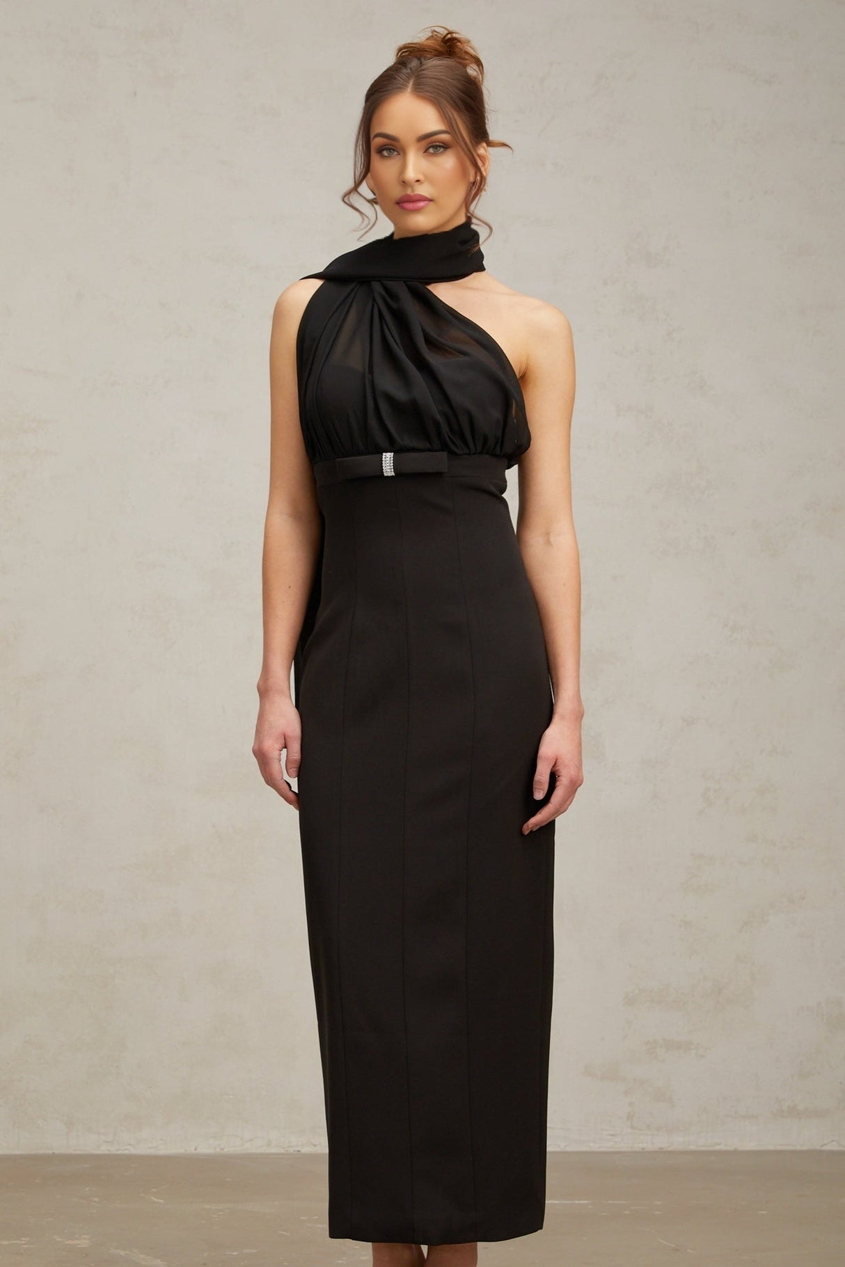 Flora Midi Dress - One Shoulder Style - Tulle Paneling - Crystal Embellishment - Asymmetric Design