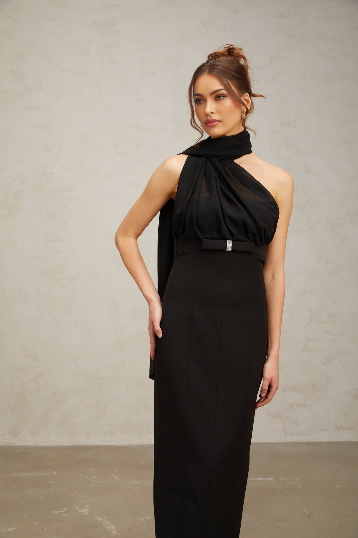 Flora Midi Dress - One Shoulder Style - Tulle Paneling - Crystal Embellishment - Asymmetric Design