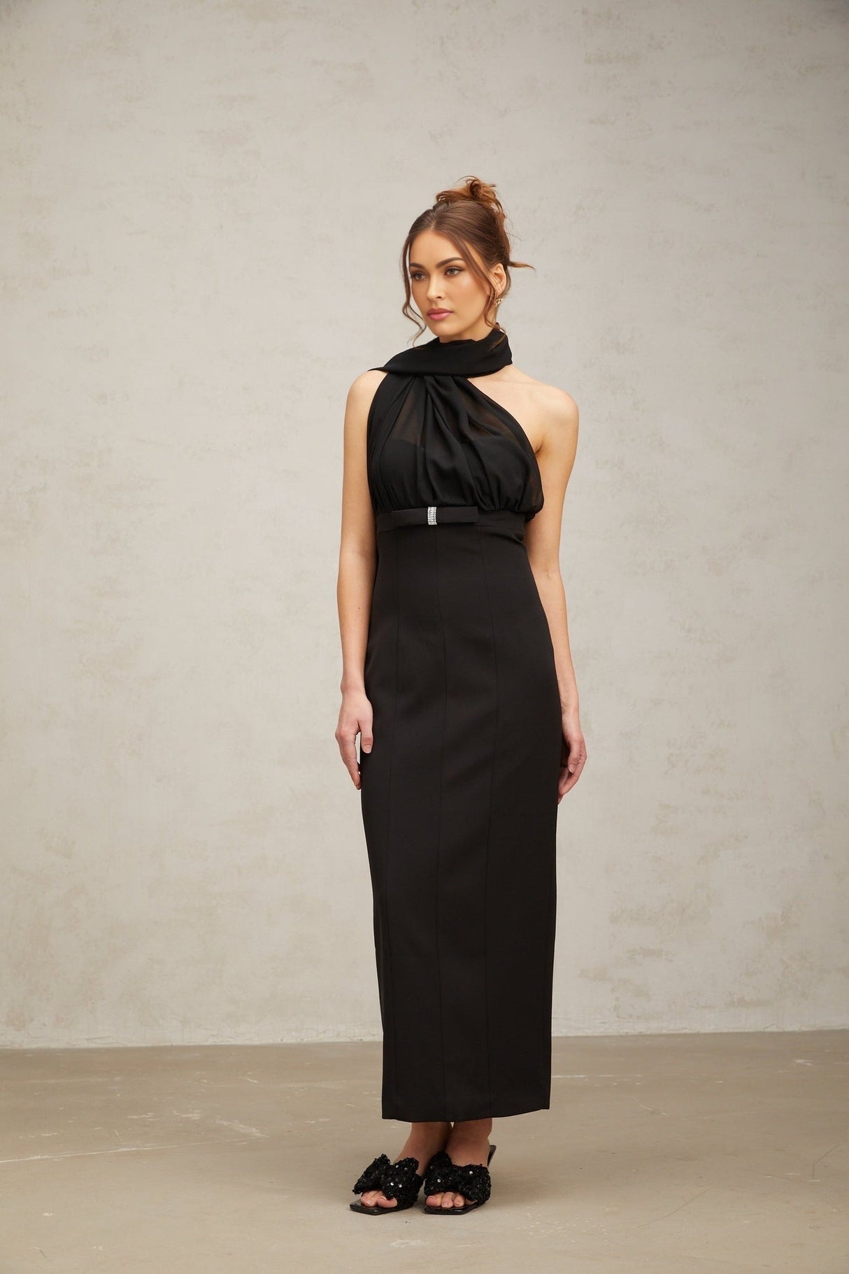 Flora Midi Dress - One Shoulder Style - Tulle Paneling - Crystal Embellishment - Asymmetric Design