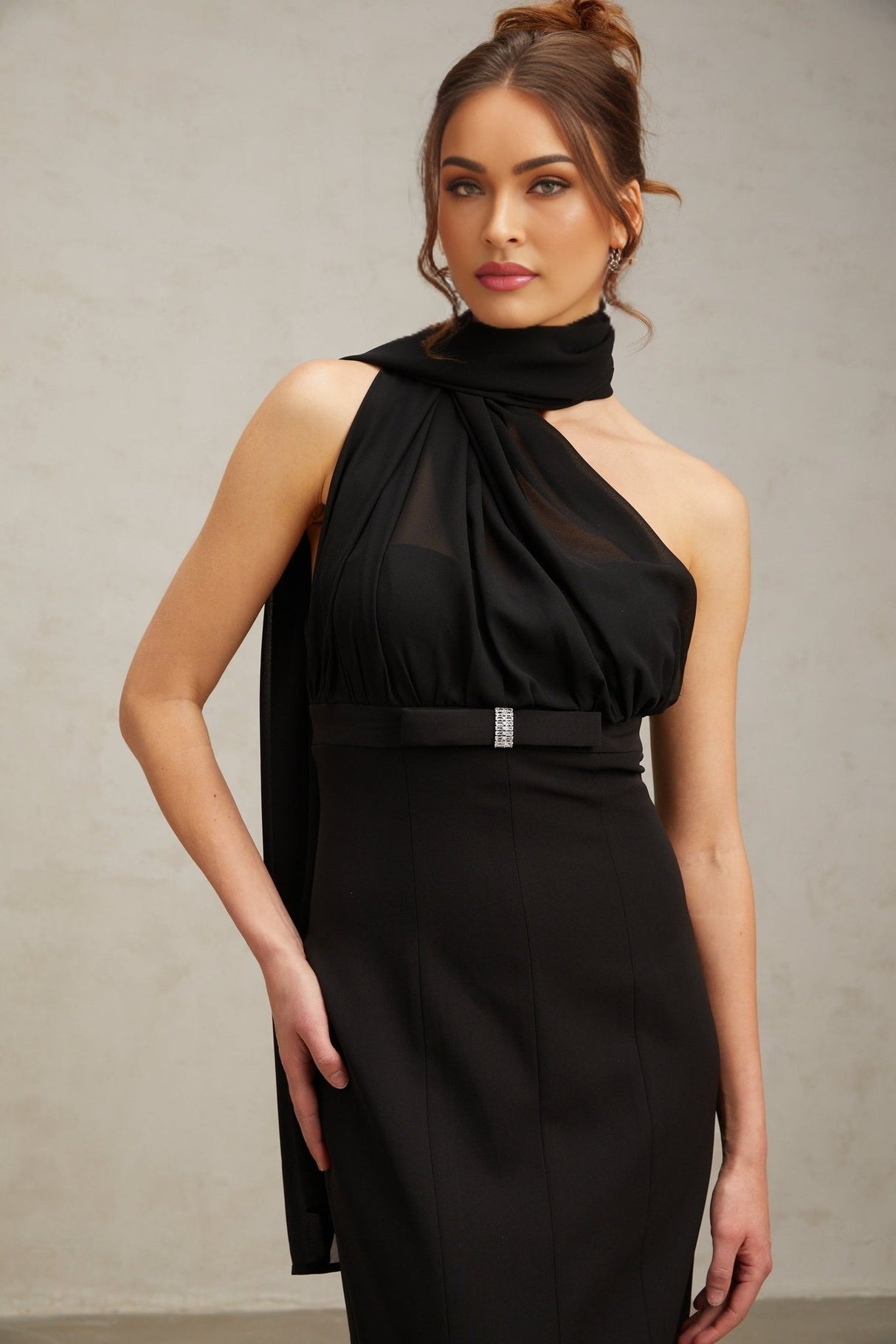 Flora Midi Dress - One Shoulder Style - Tulle Paneling - Crystal Embellishment - Asymmetric Design