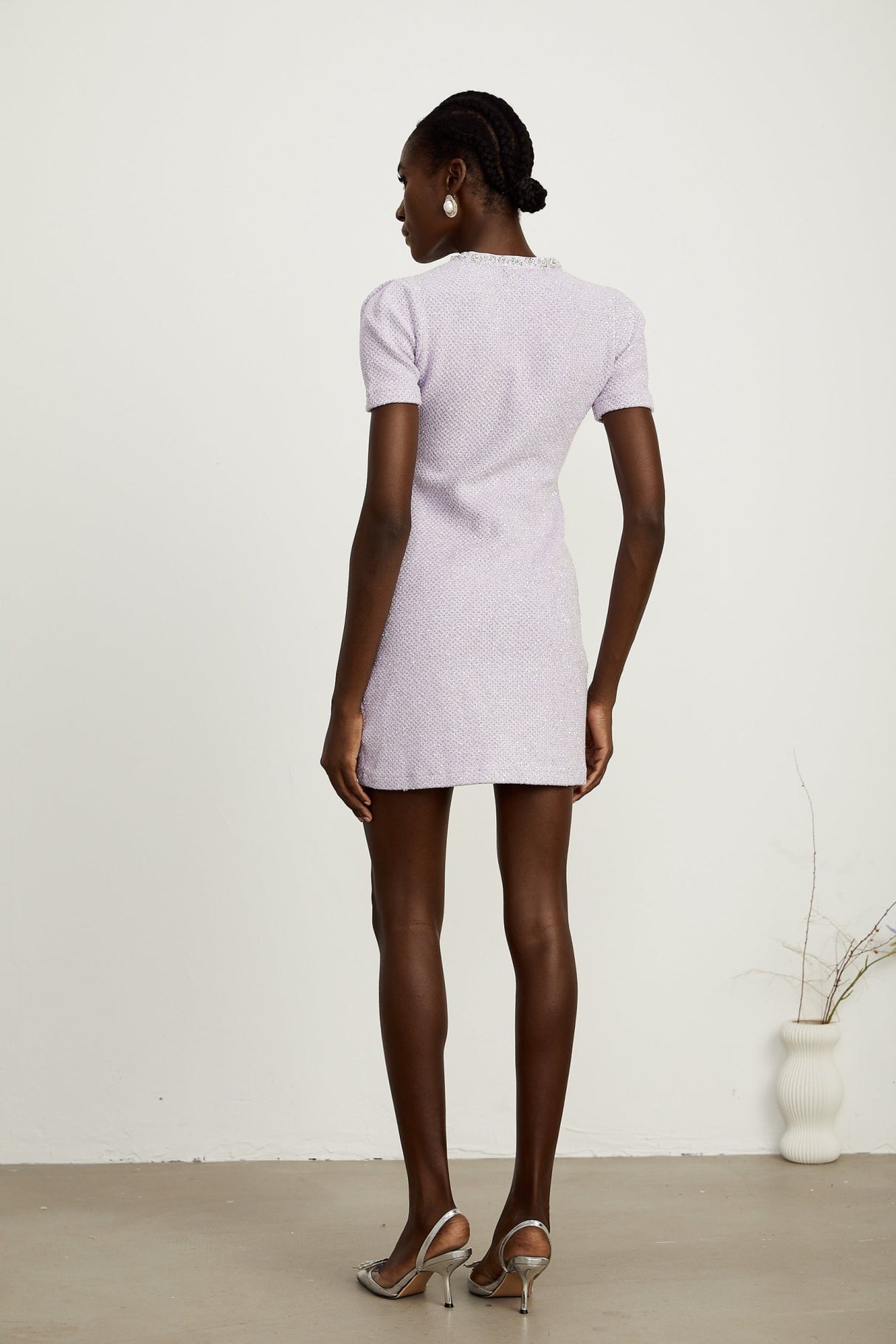 Flora Mini Dress - Round Neck - Sequin and Crystal Embellishments - Front Patch Pockets - Thigh Length