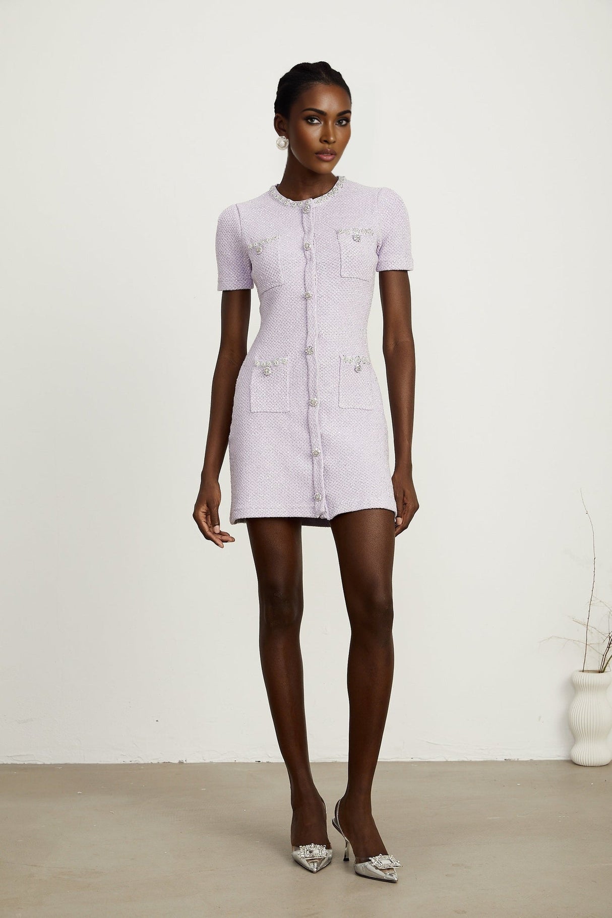 Flora Mini Dress - Round Neck - Sequin and Crystal Embellishments - Front Patch Pockets - Thigh Length