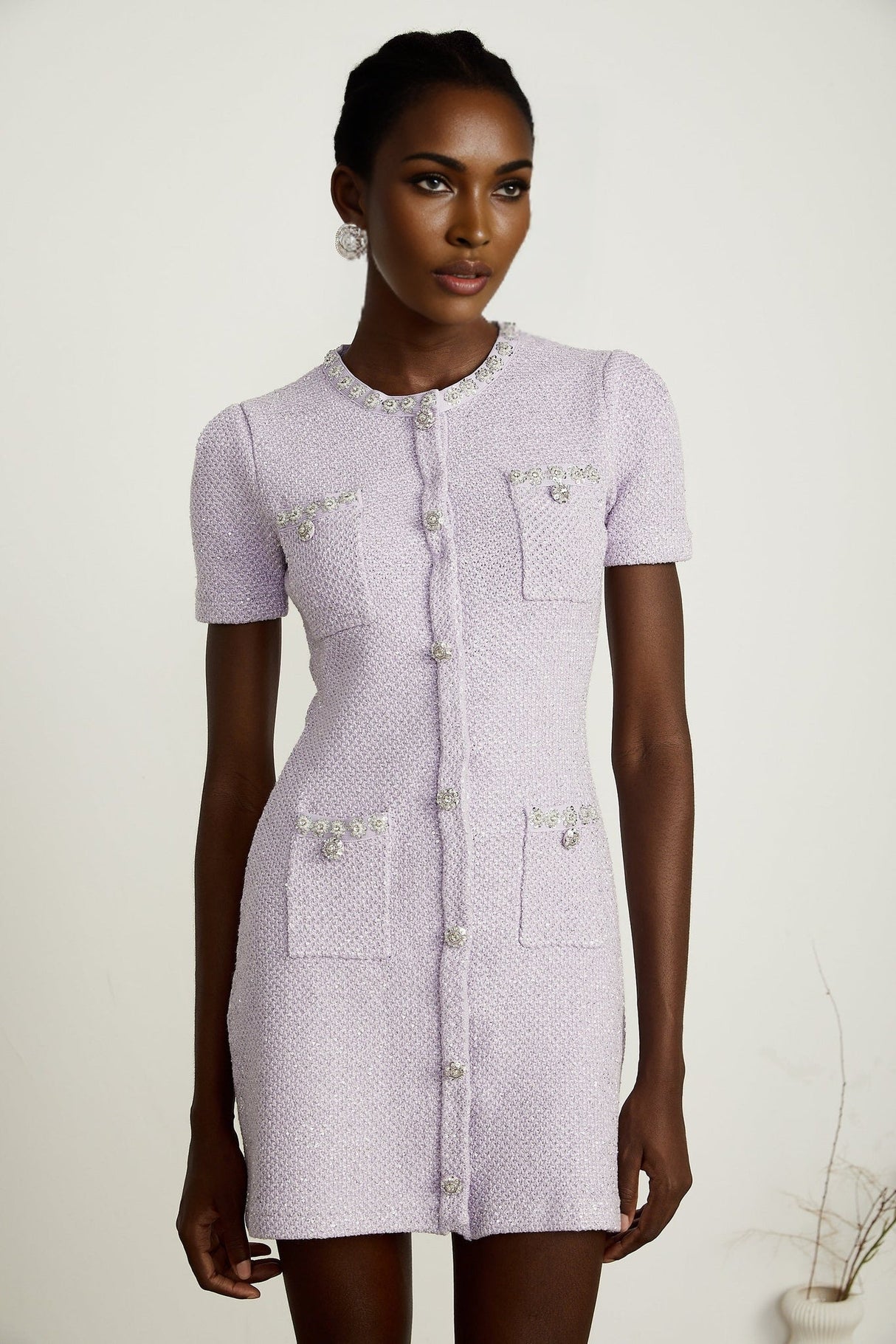 Flora Mini Dress - Round Neck - Sequin and Crystal Embellishments - Front Patch Pockets - Thigh Length