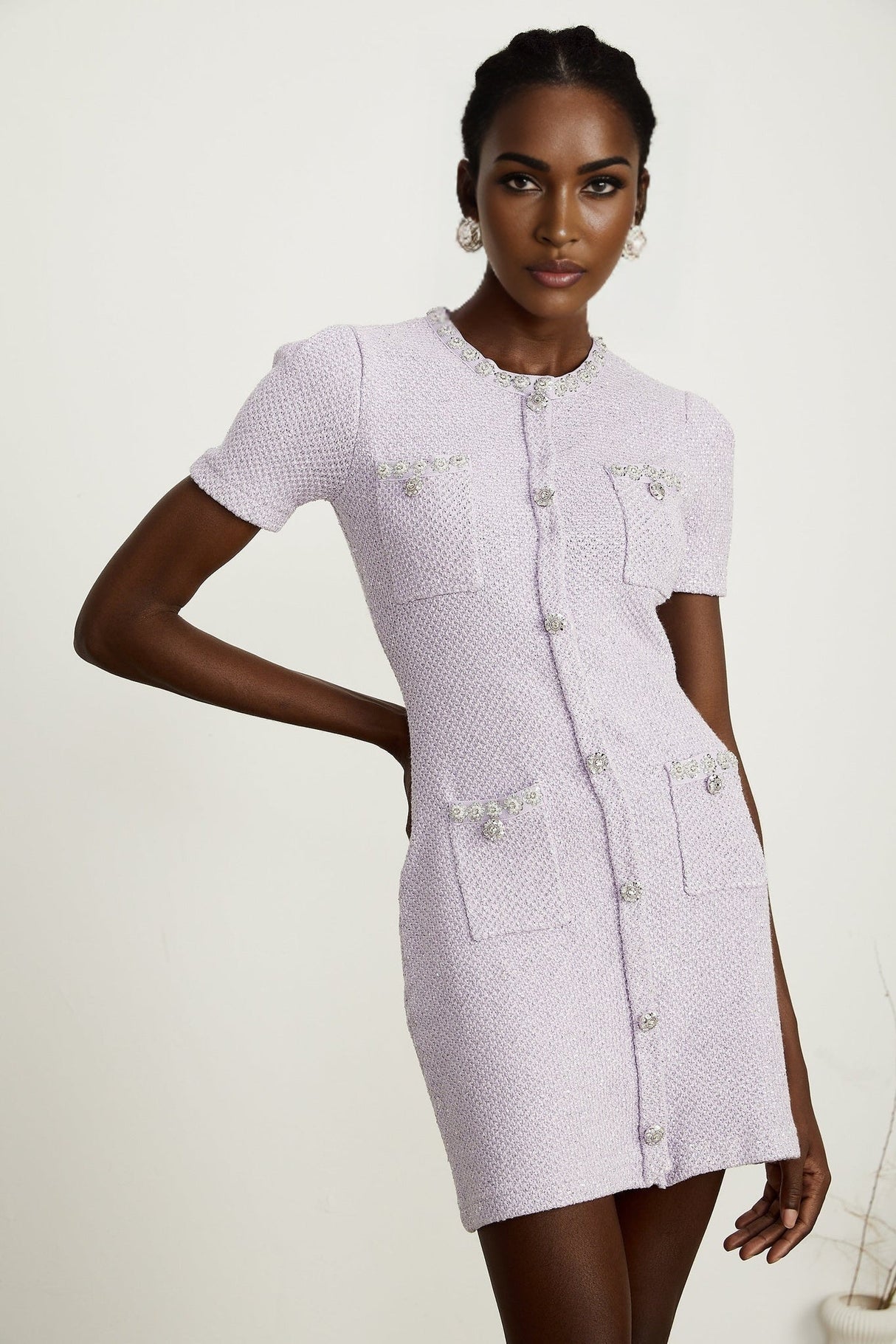 Flora Mini Dress - Round Neck - Sequin and Crystal Embellishments - Front Patch Pockets - Thigh Length