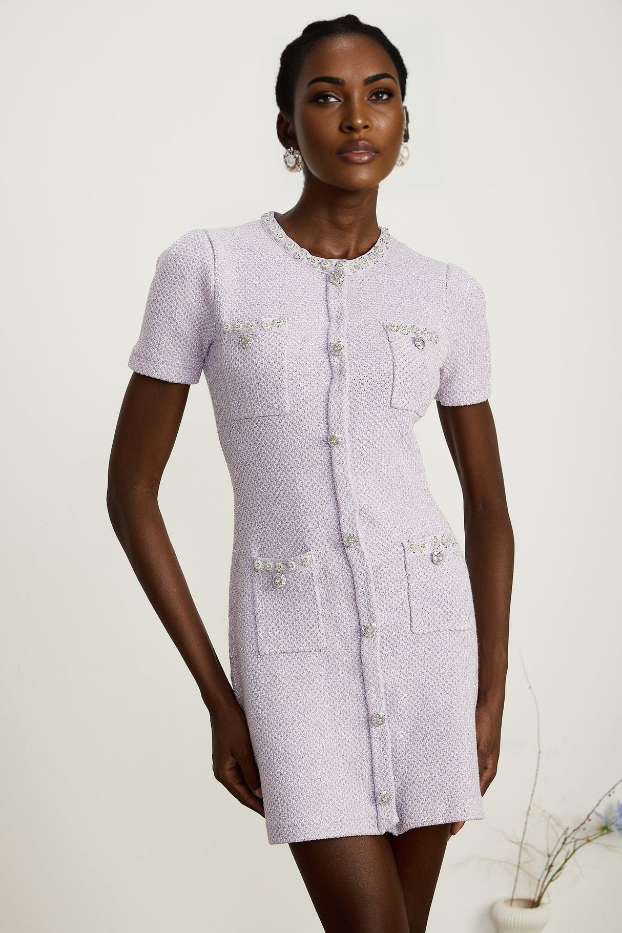 Flora Mini Dress - Round Neck - Sequin and Crystal Embellishments - Front Patch Pockets - Thigh Length