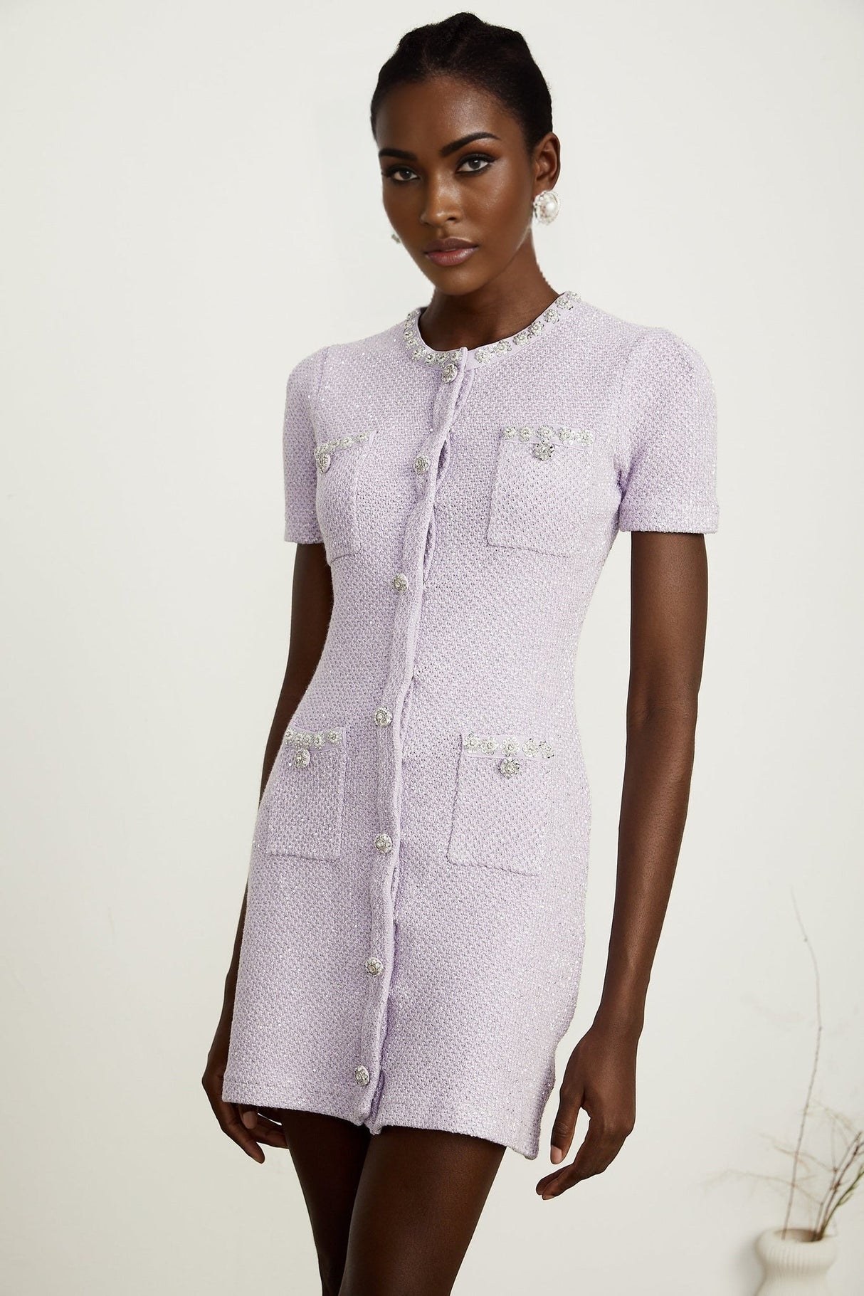 Flora Mini Dress - Round Neck - Sequin and Crystal Embellishments - Front Patch Pockets - Thigh Length