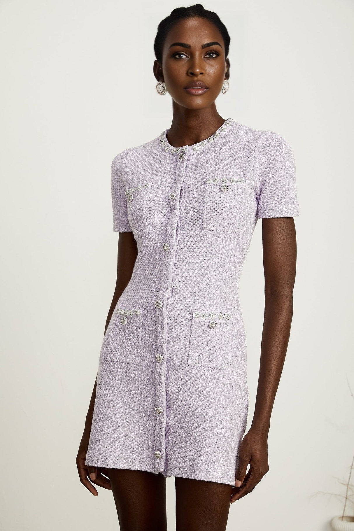 Flora Mini Dress - Round Neck - Sequin and Crystal Embellishments - Front Patch Pockets - Thigh Length