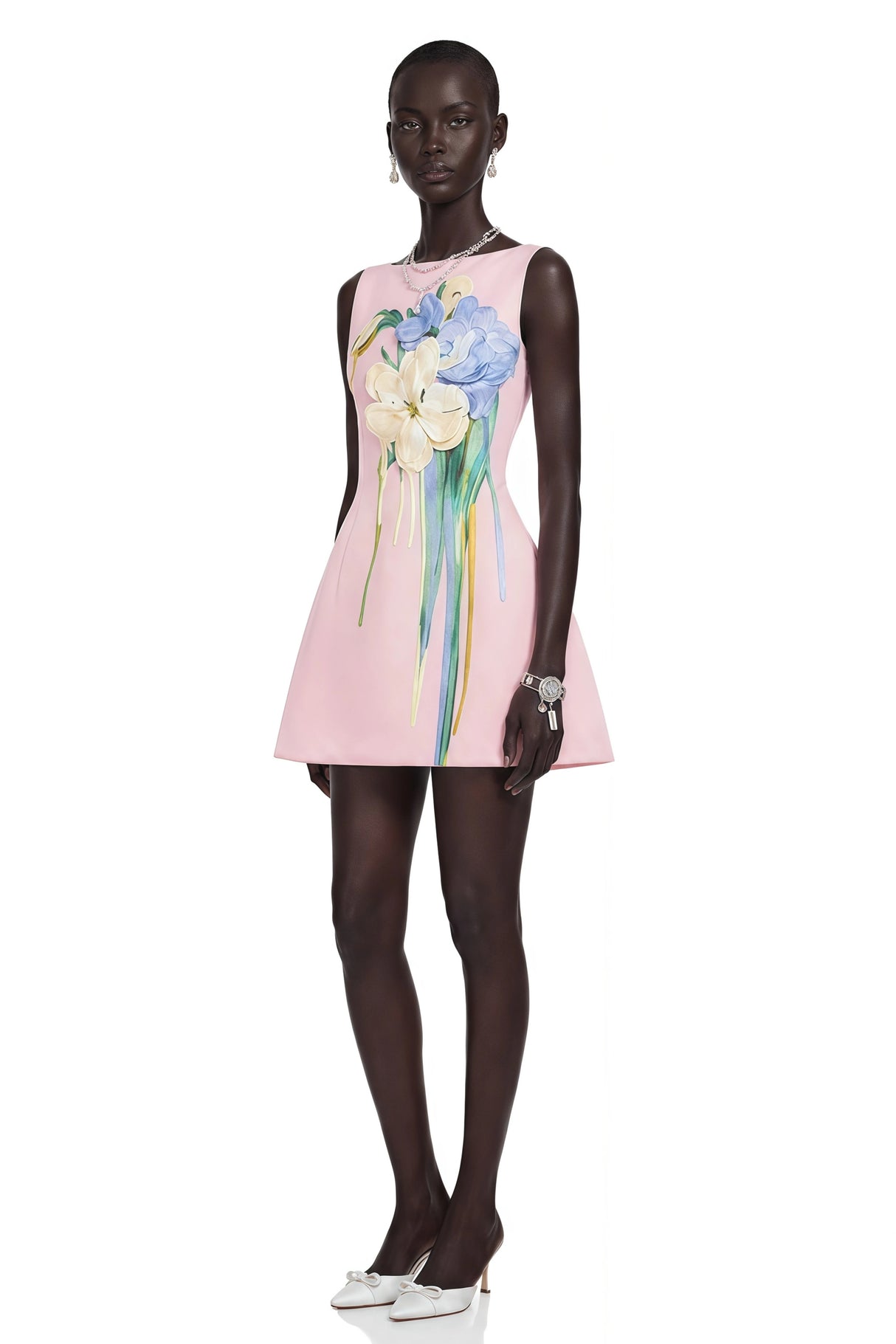 Flora Pink ALine Mini Dress with Floral Applique