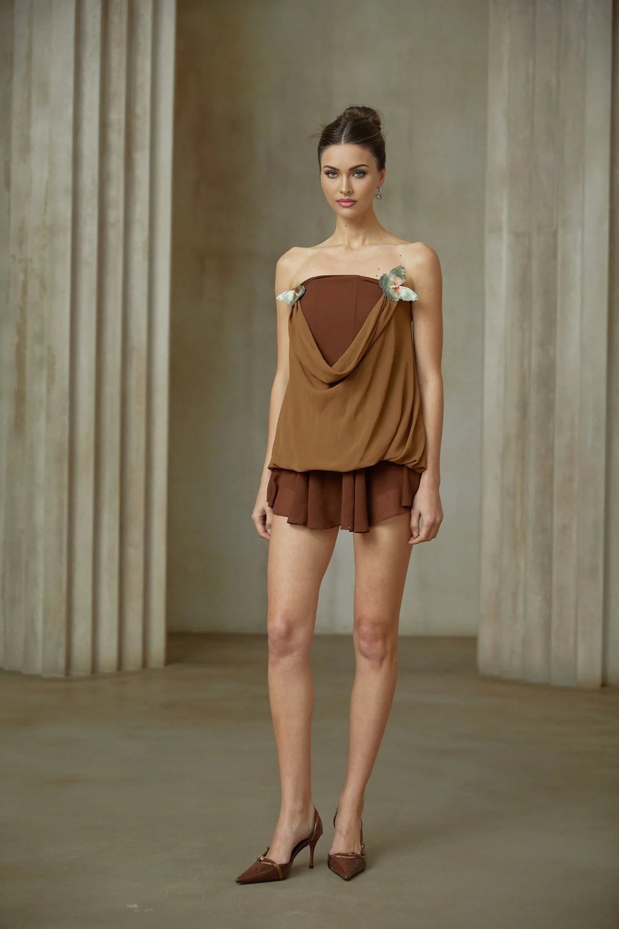 Flora Top & Skirt Set Brown Panelled Butterfly - Pin