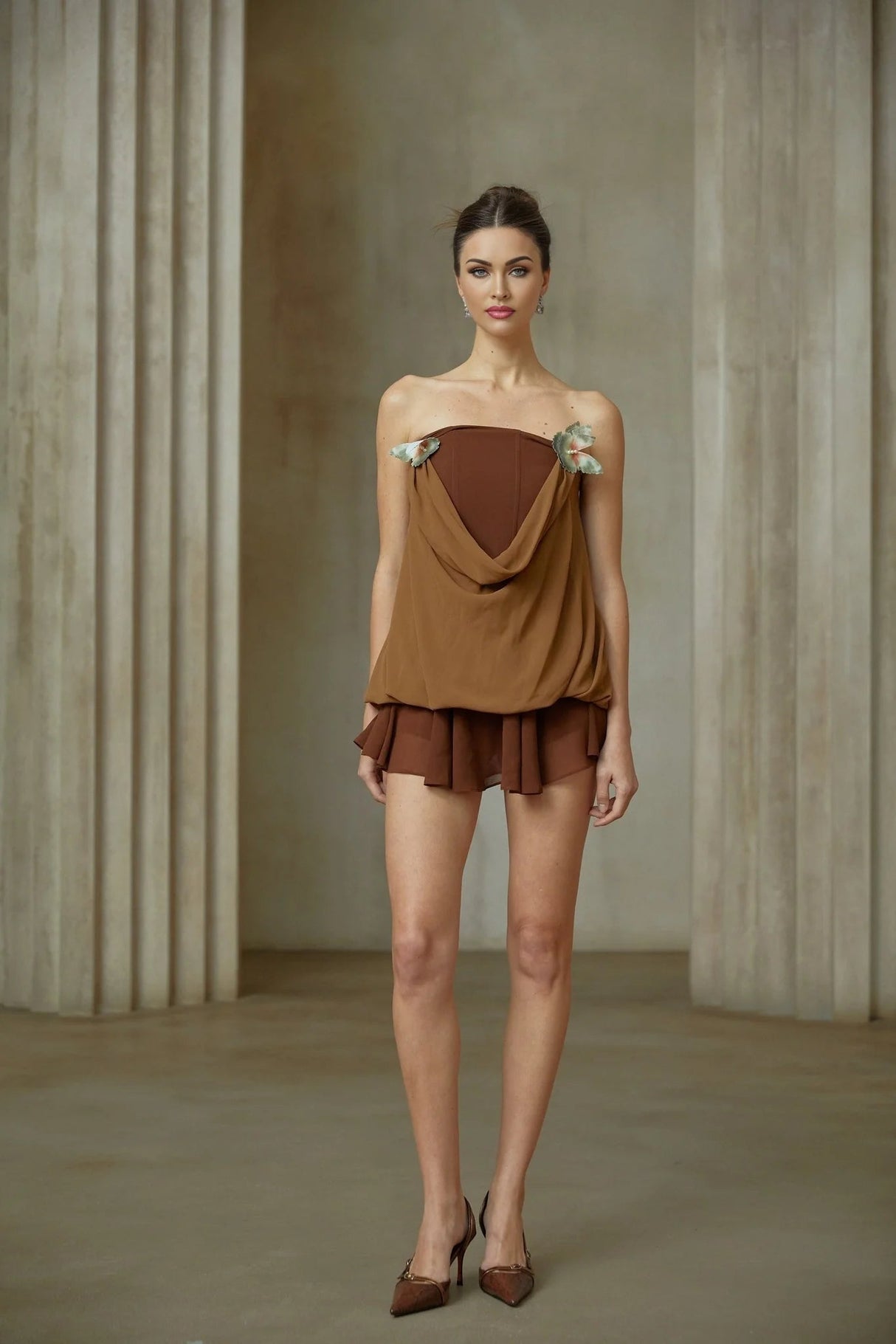 Flora Top & Skirt Set Brown Panelled Butterfly - Pin